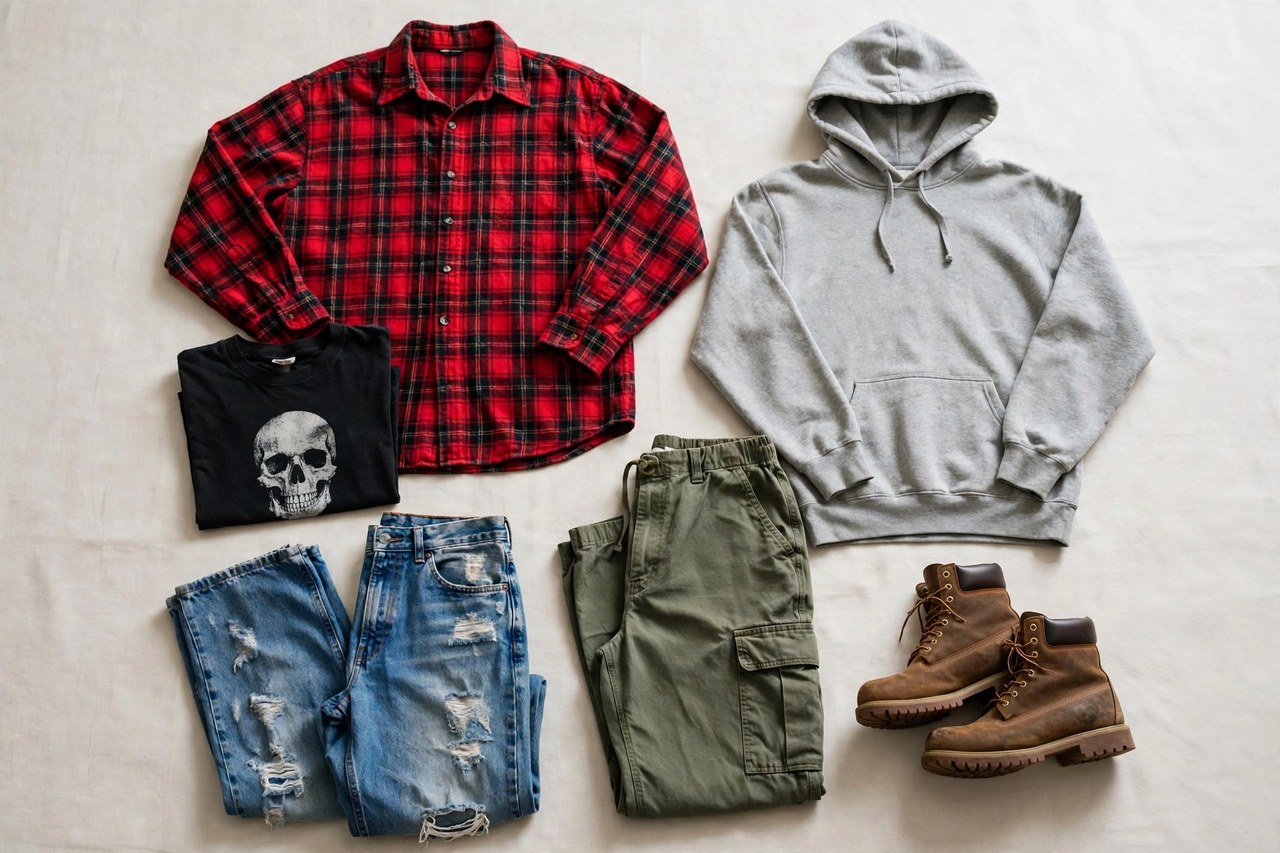 Men's 1990s fashion garments laid flat: a red plaid flannel shirt, ripped baggy jeans, a hooded sweatshirt, cargo pants, a band t-shirt and work boots