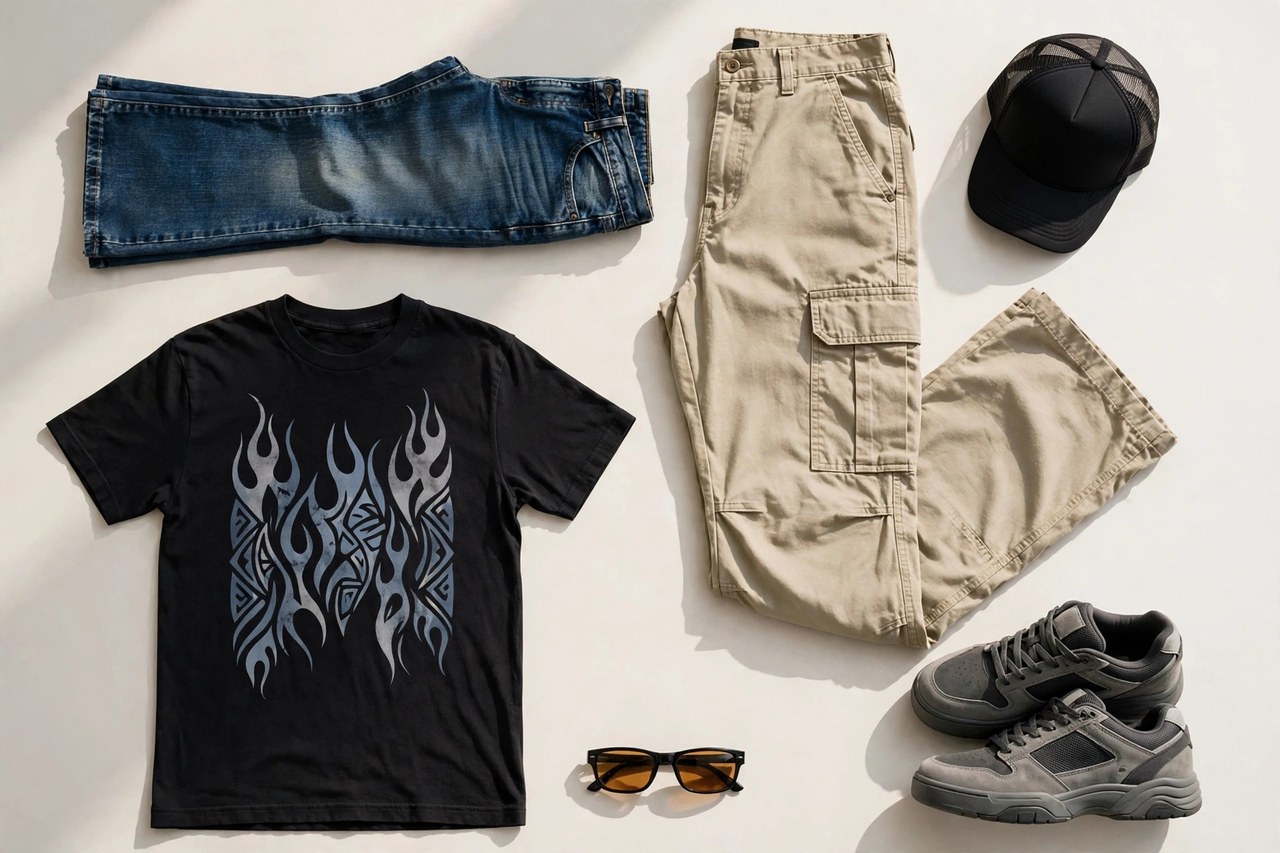 Men's 2000s fashion garments laid flat: bootcut designer jeans, a graphic t-shirt, cargo pants, a trucker hat, chunky skate shoes and tinted sunglasses