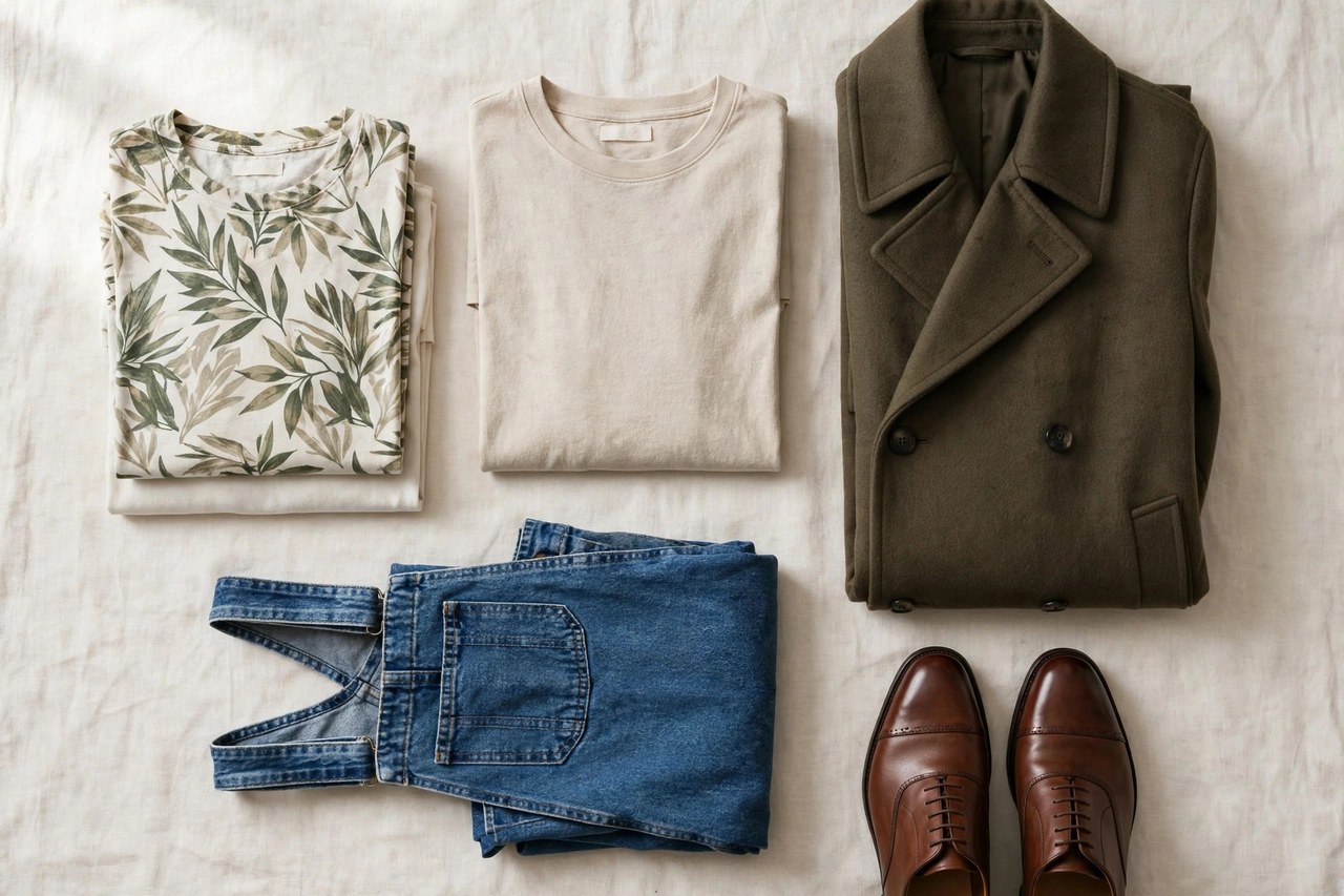 A flat lay of men's clothing beginning with O: folded printed and organic t-shirts beside a long overcoat, denim overalls and brown Oxford shoes, product photography with no people