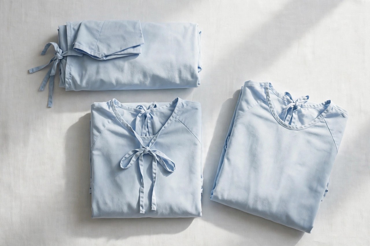 A flat lay of men's patient gowns in pale blue hospital fabric neatly folded, product photography with no people