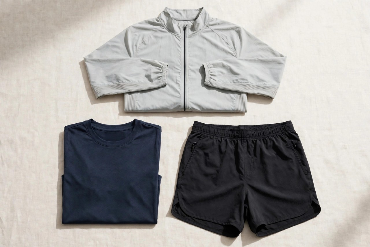 A flat lay of men's performance apparel: a moisture-wicking training shirt, running shorts and a lightweight zip top arranged neatly, product photography with no people