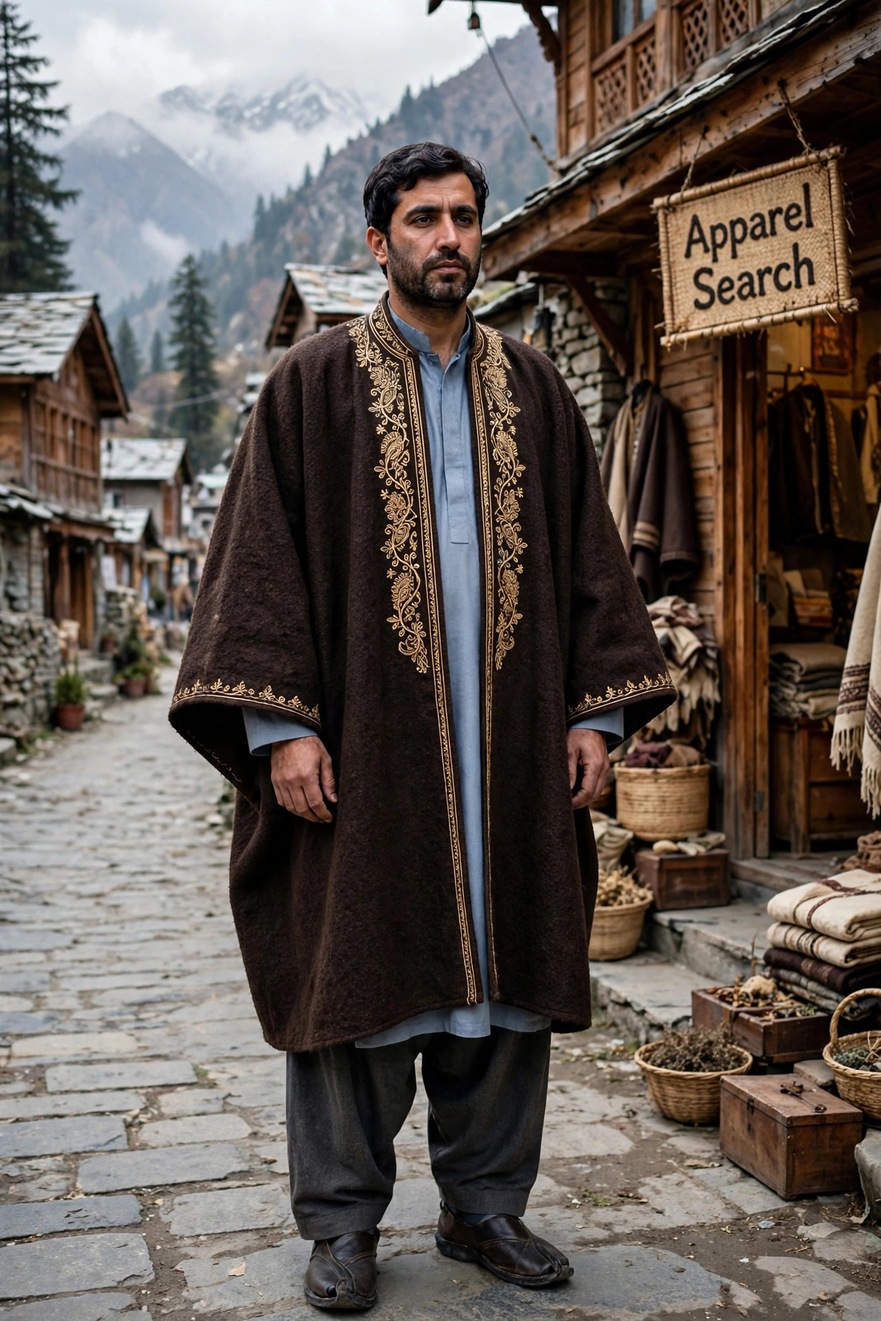 Kashmiri man wearing a dark brown wool pheran, a long loose cloak with gold embroidery at the neckline and wide sleeves, over a kurta