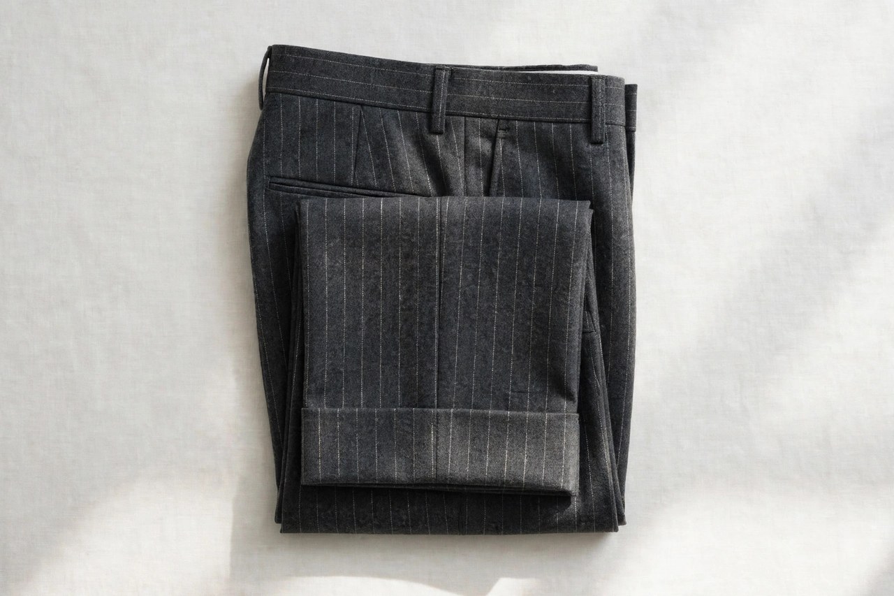 A flat lay of men's pinstripe pants in charcoal wool with fine white stripes neatly folded, product photography with no people