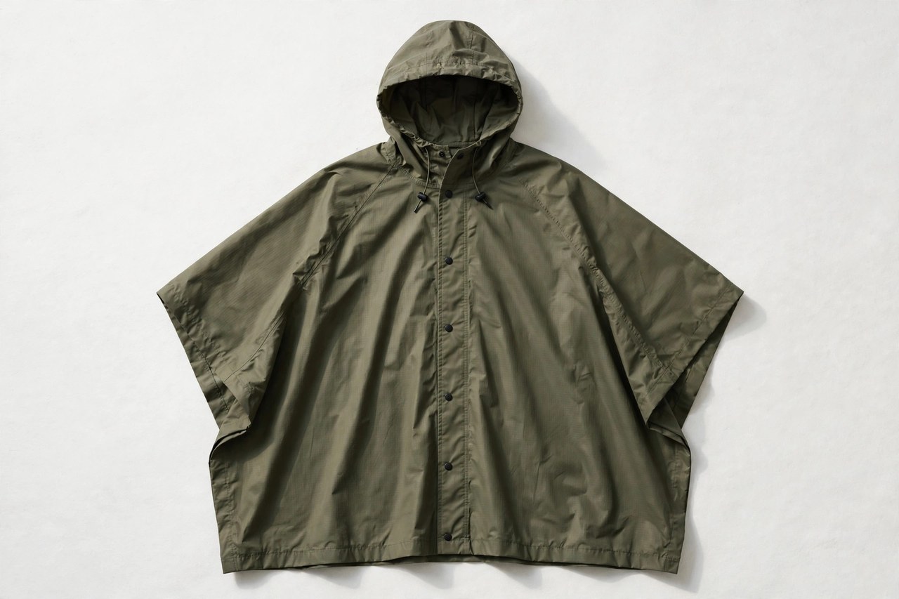 A flat lay of a men's poncho in olive waterproof fabric with a hood, neatly arranged, product photography with no people