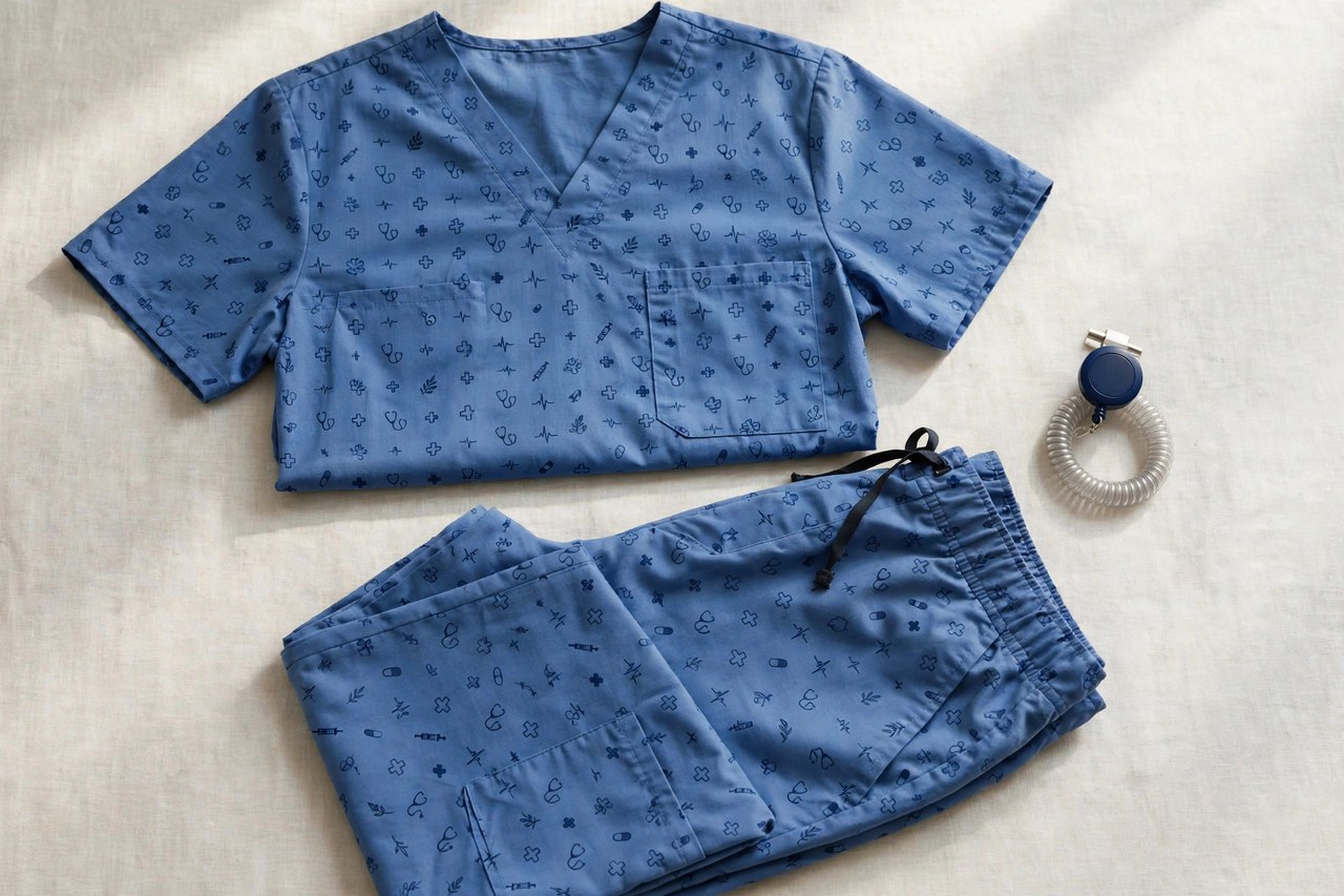 A flat lay of men's printed medical uniforms: a printed scrub top with matching trousers and a badge reel arranged neatly, product photography with no people
