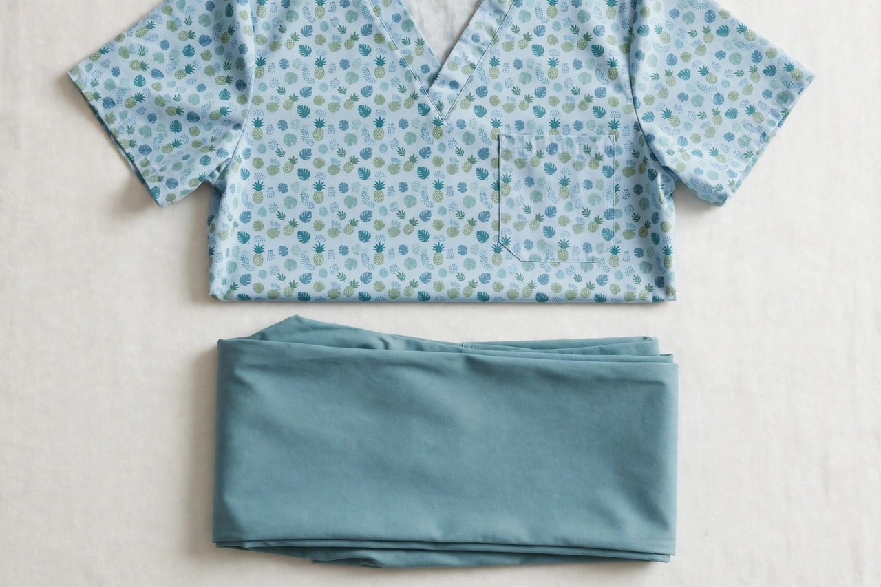 A flat lay of men's printed scrubs: a printed scrub top in a friendly pattern with solid matching trousers neatly folded, product photography with no people