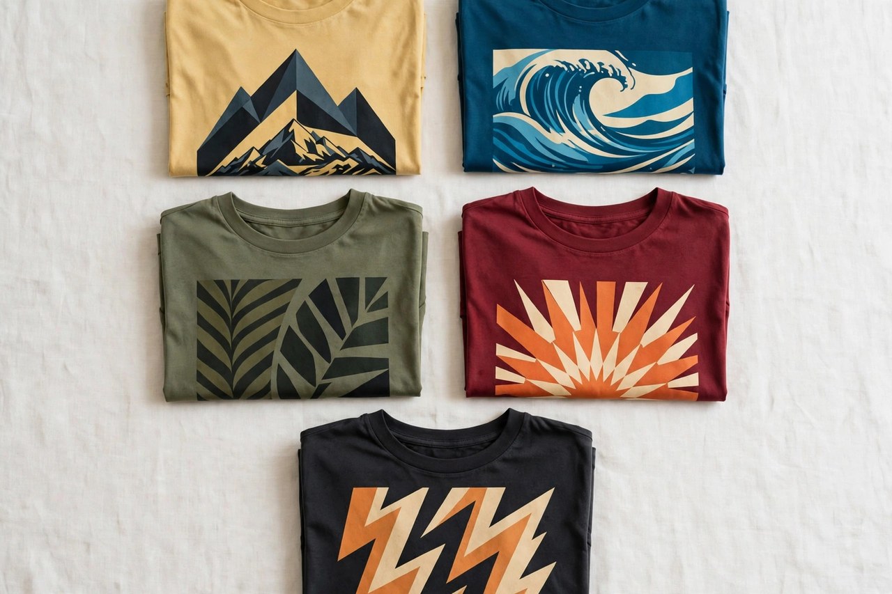 A flat lay of men's printed t-shirts with bold graphic designs in several colors, neatly folded, product photography with no people