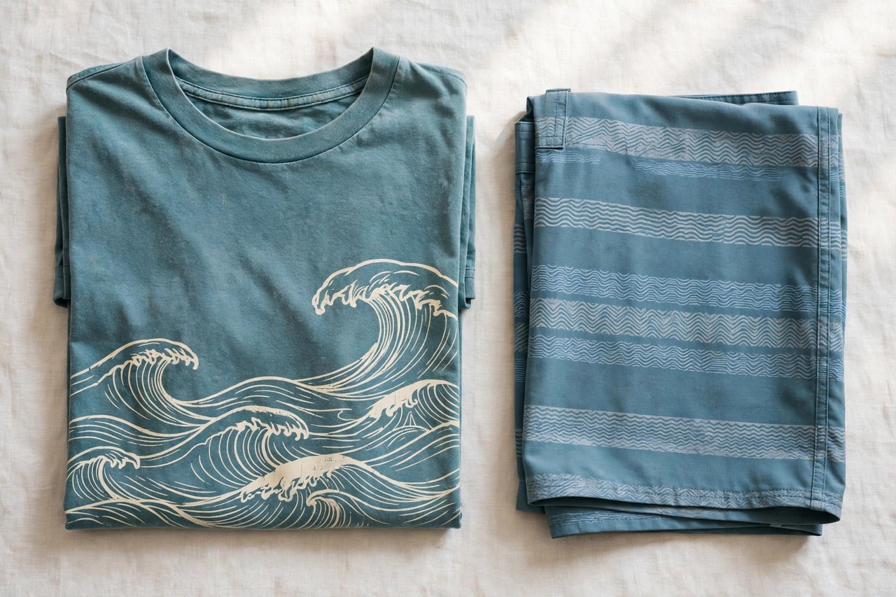 A flat lay of a men's surf-brand graphic T-shirt in faded teal cotton jersey with a wave-inspired print, folded neatly beside boardshorts, product photography with no people