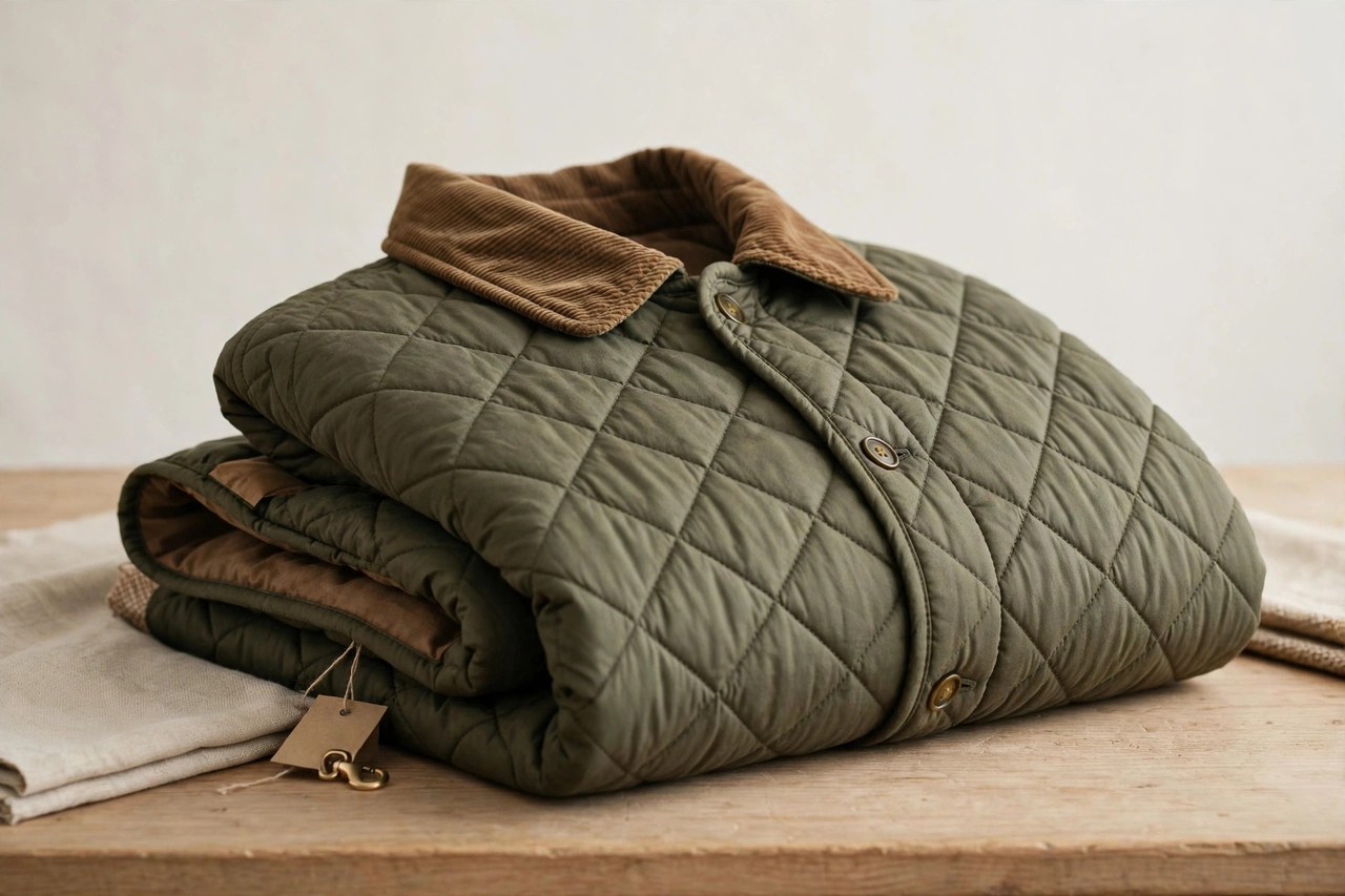 An olive men's diamond-quilted jacket with a brown corduroy collar folded on a shop table, product photography with no people
