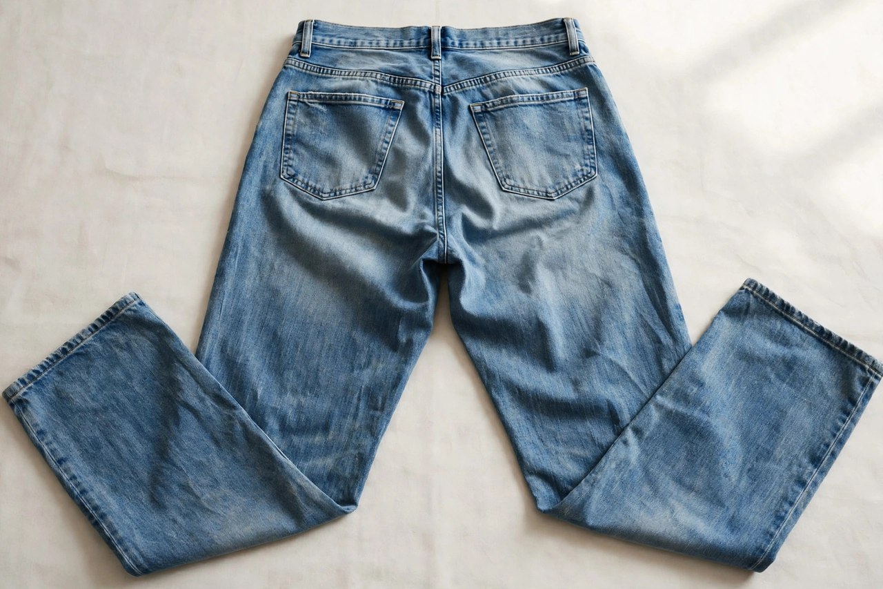 Men's relaxed fit jeans in a stonewashed blue laid flat, showing the generous seat and thigh, product photography with no people