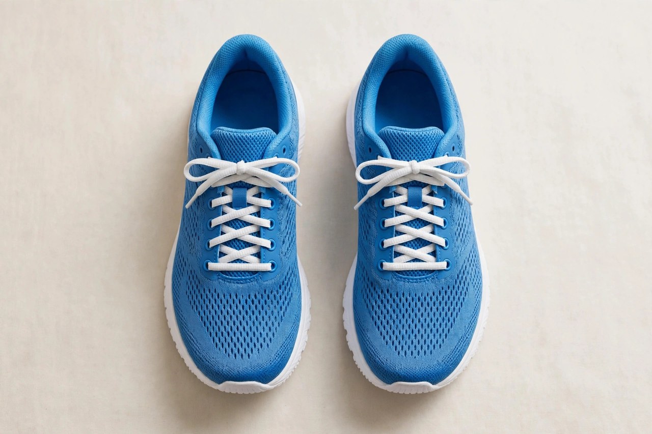 A flat lay of a pair of men's lightweight running shoes in bright blue breathable mesh with white soles, product photography with no people