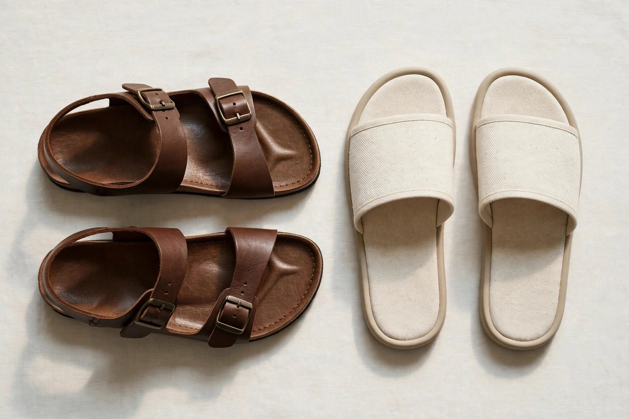A flat lay of a pair of men's brown leather sandals with adjustable straps beside canvas slides, product photography with no people