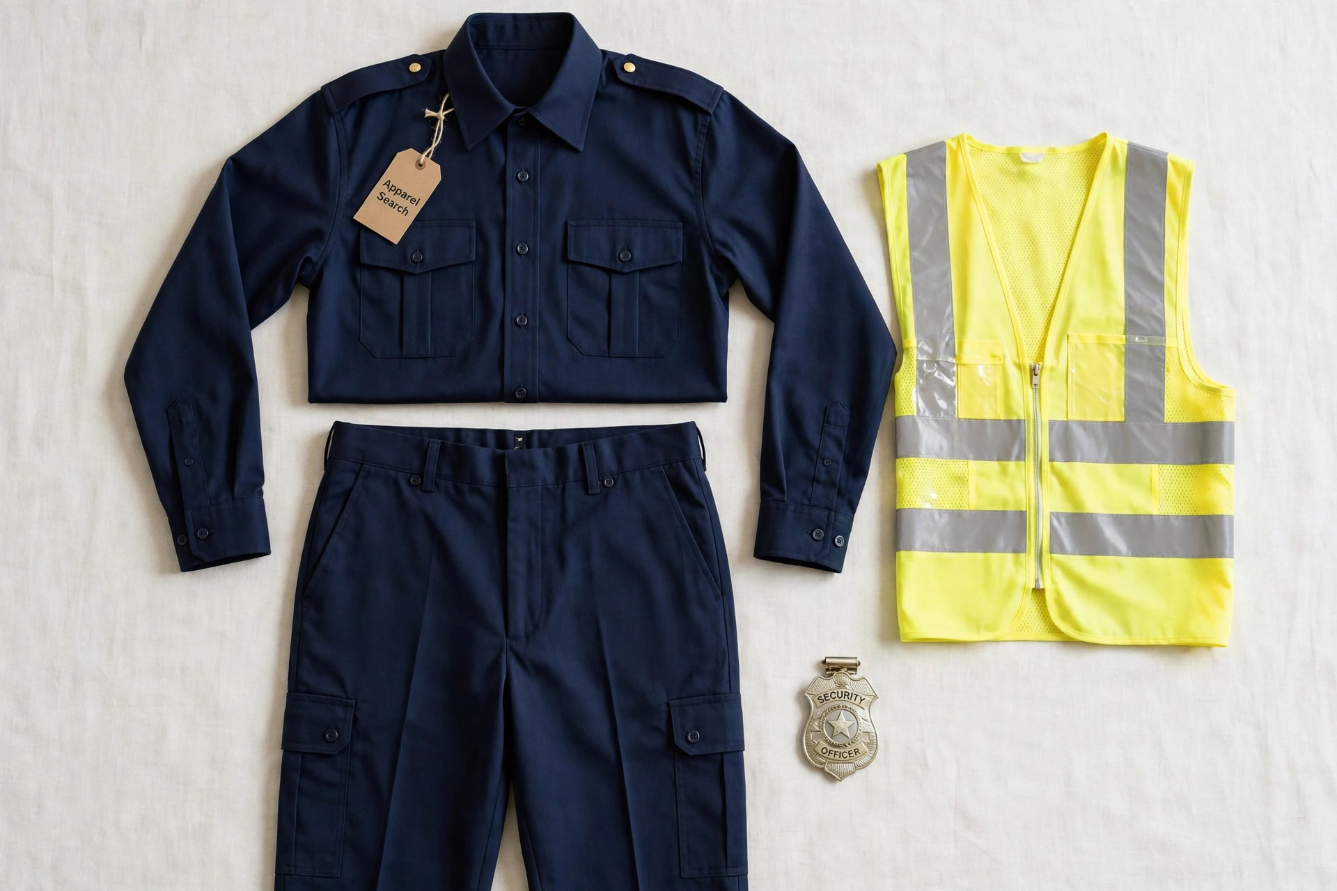 Men's security uniform set laid flat, navy shirt with epaulettes, trousers, hi-vis vest and badge, product photography with no people