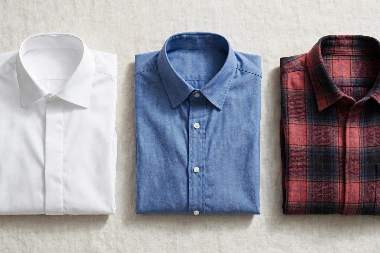 A flat lay of men's shirts - a crisp white dress shirt, a blue oxford button-down and a casual plaid flannel shirt, product photography with no people