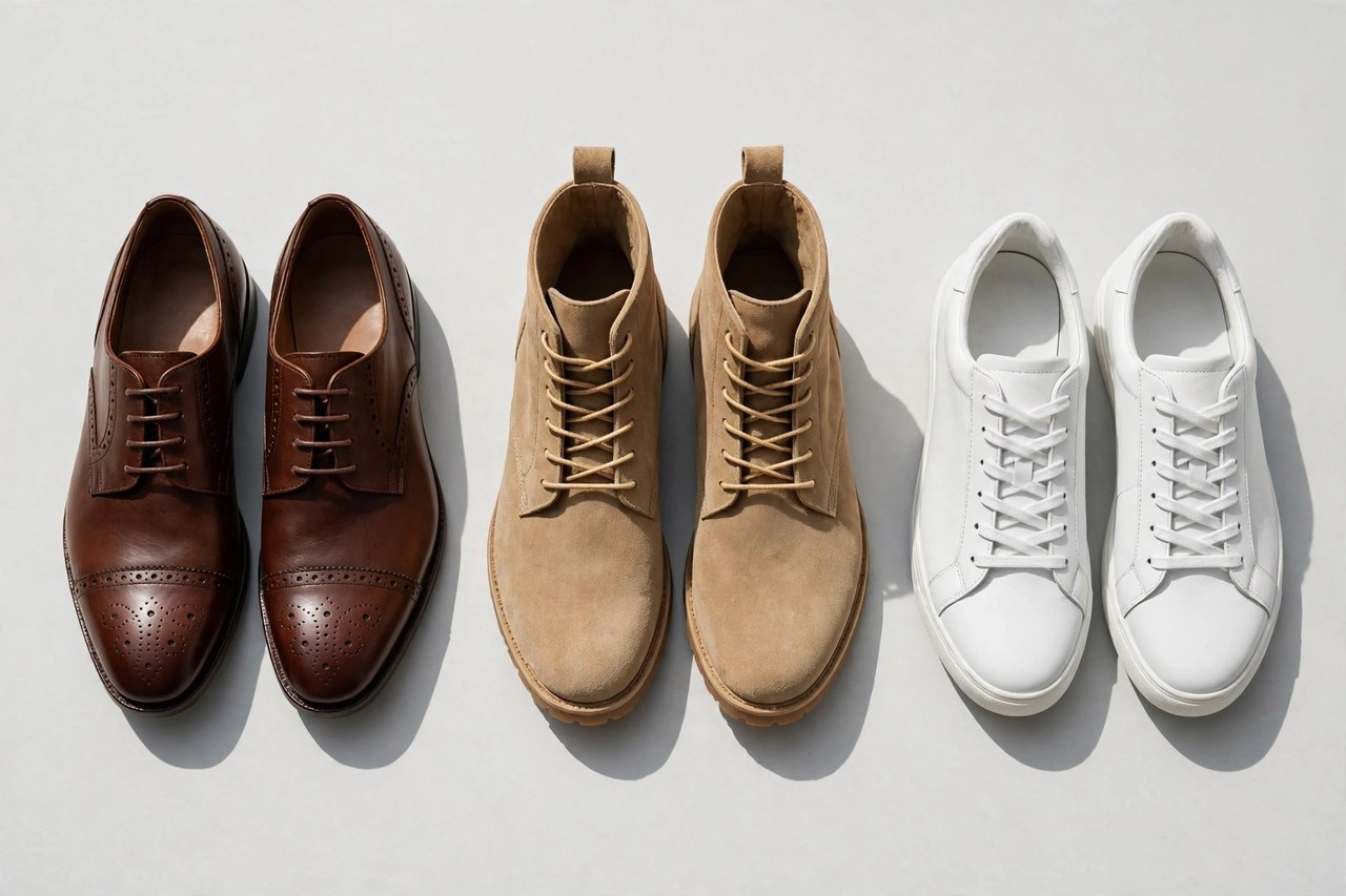 A flat lay of men's shoes - brown leather oxford dress shoes, suede desert boots and white leather sneakers arranged in a row, product photography with no people