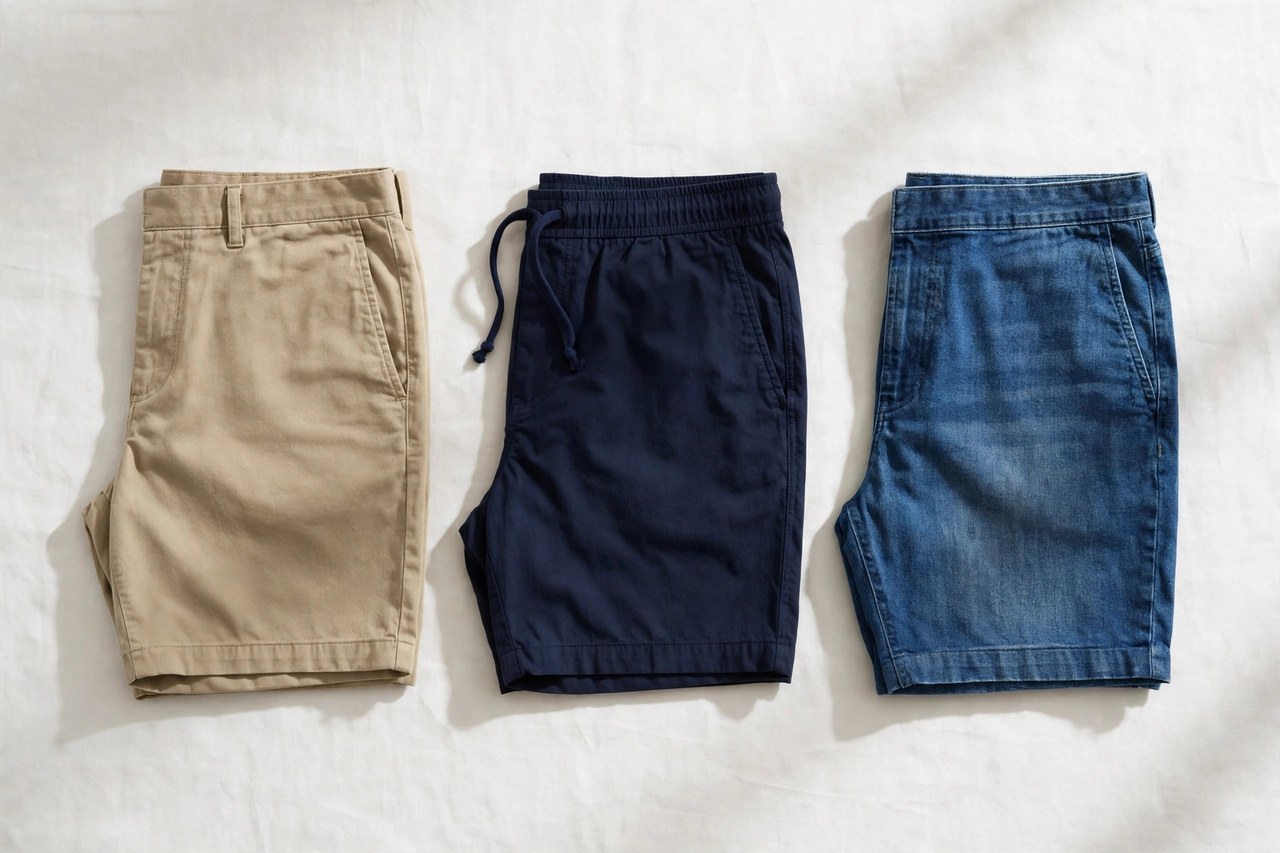 A flat lay of men's shorts - khaki chino shorts, navy drawstring shorts and denim shorts folded in a row, product photography with no people