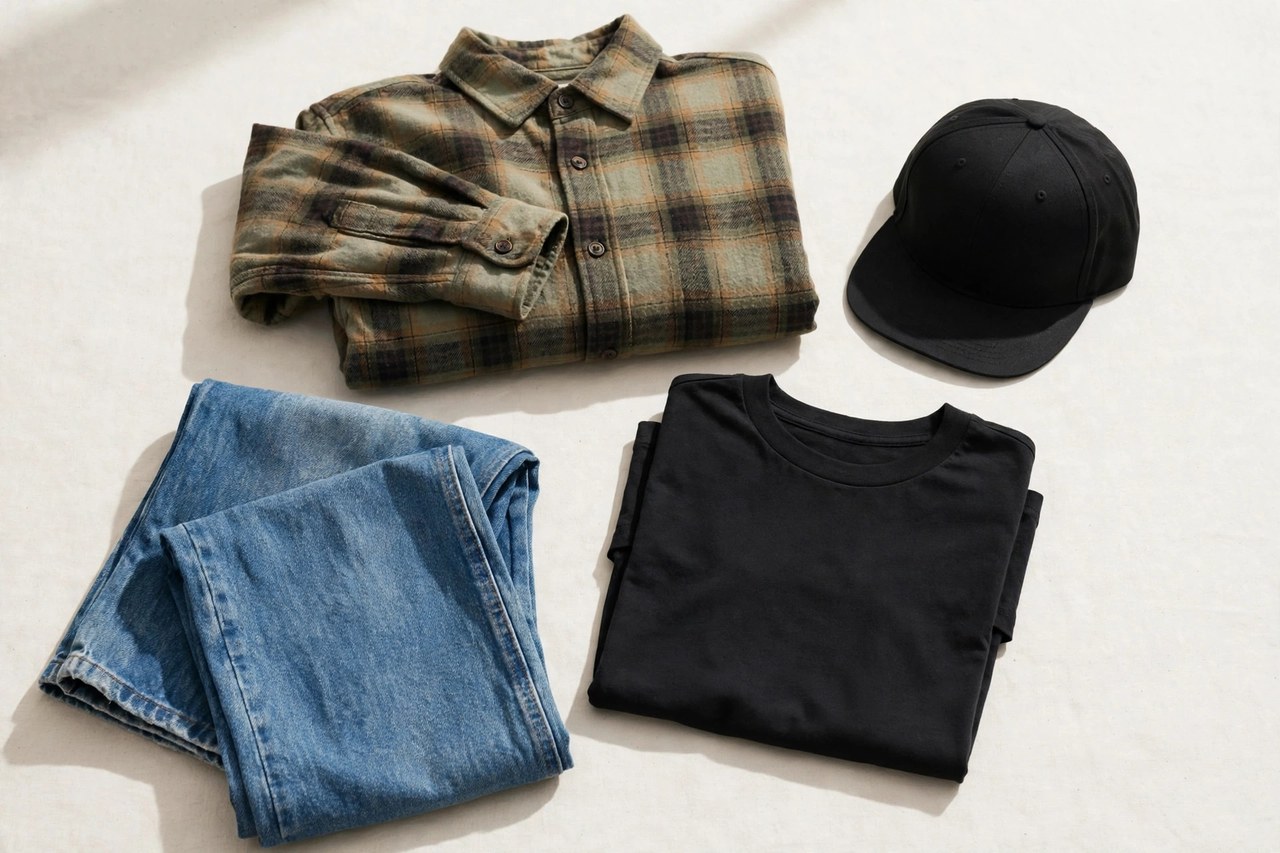 A flat lay of men's skatewear - a flannel shirt, relaxed skate jeans, a logo tee and a snapback cap arranged together, product photography with no people