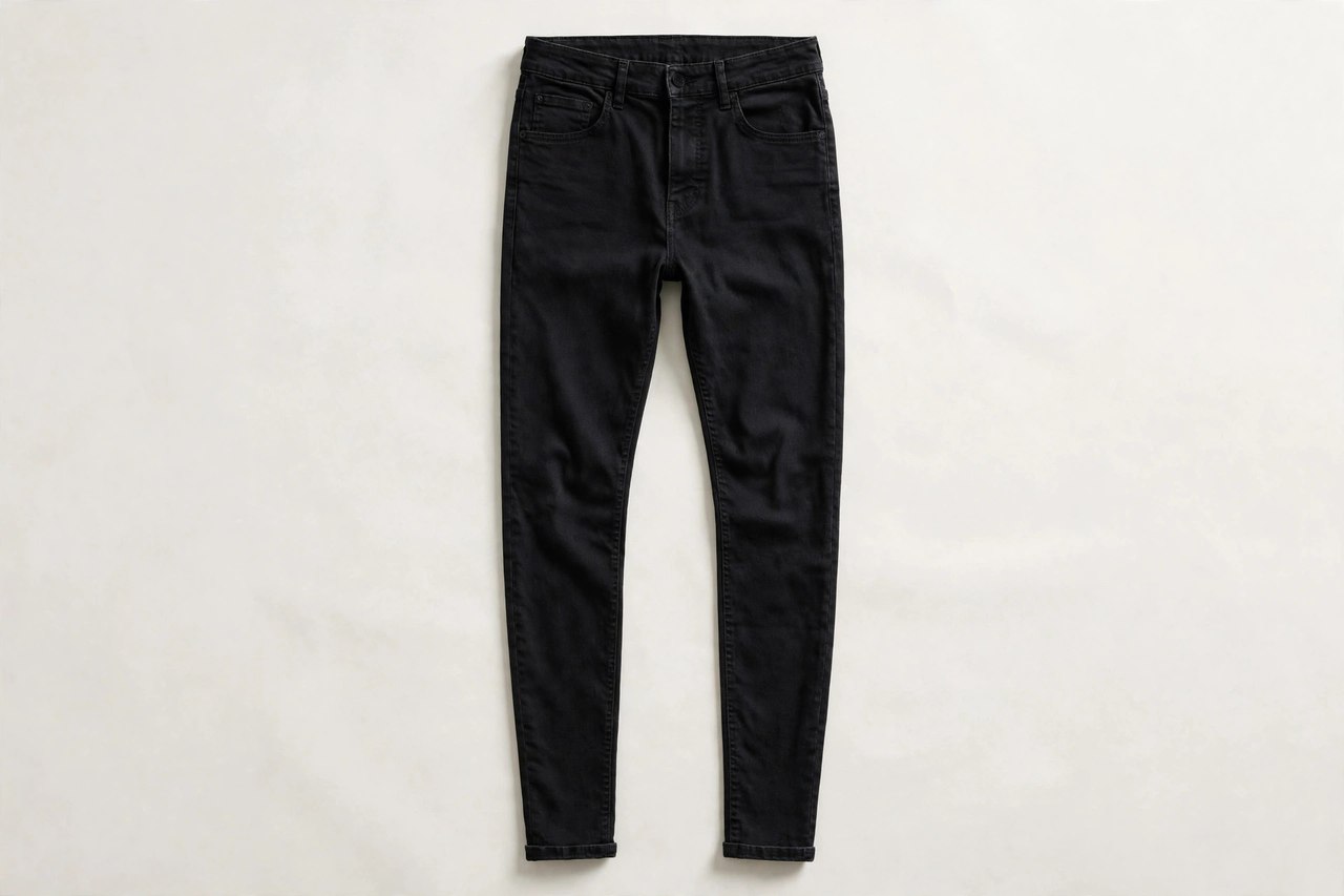Men's skinny jeans in black stretch denim laid flat, showing the very close leg and narrow ankle opening, product photography with no people