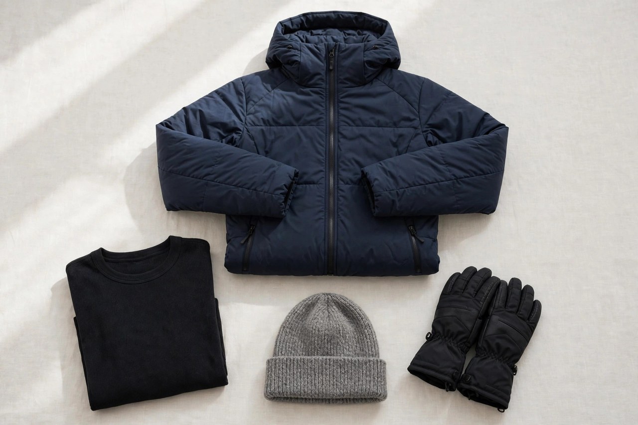 A flat lay of men's skiwear - an insulated ski jacket, thermal base layer top, ski gloves and a knit hat arranged together, product photography with no people