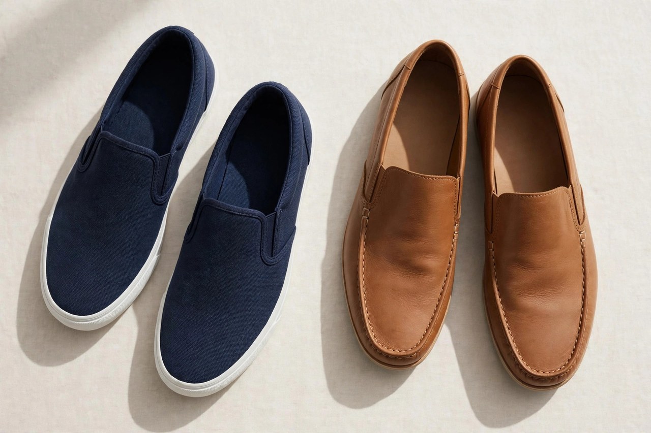 A flat lay of men's casual slip-on shoes - canvas slip-on sneakers in navy and leather casual slip-ons in tan, product photography with no people