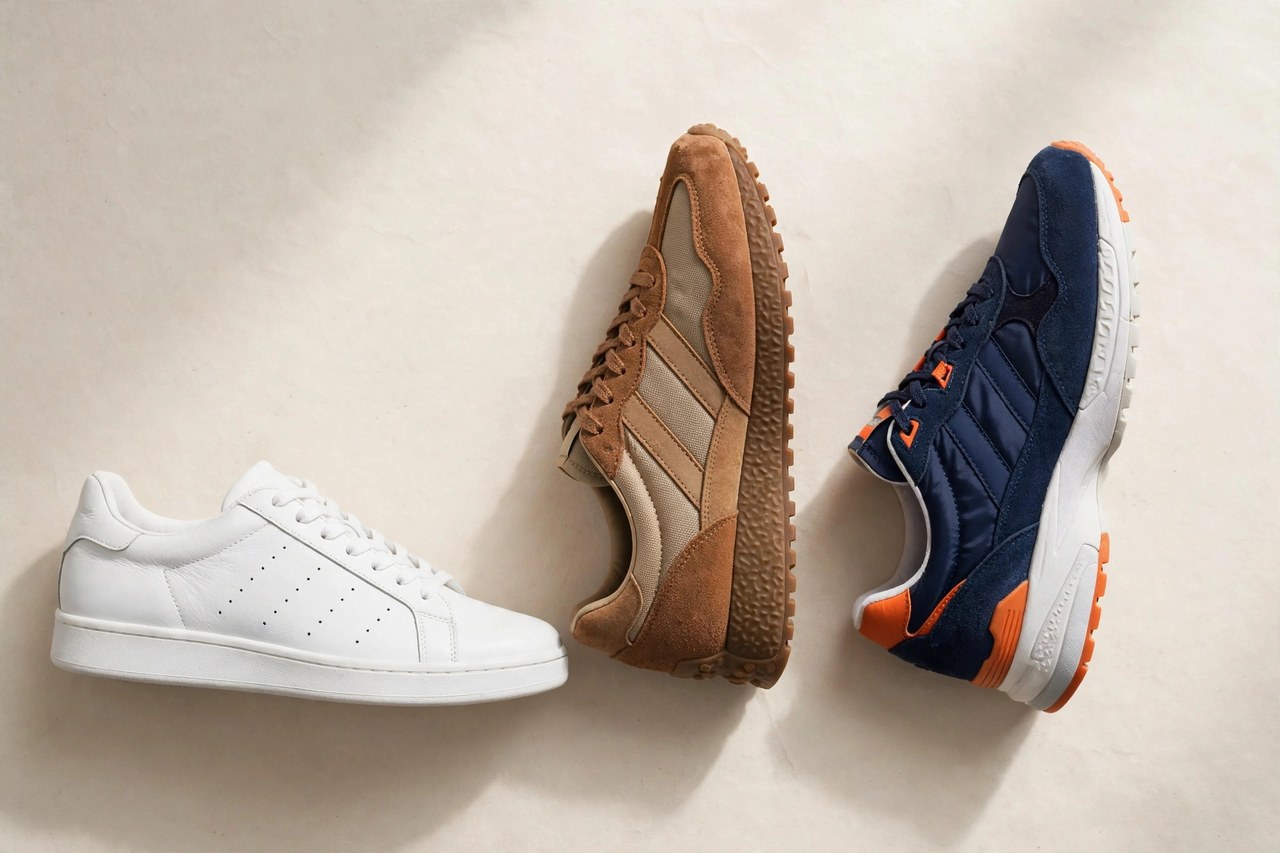 A flat lay of men's sneakers - classic white leather low-top sneakers and retro running-style sneakers in suede and nylon, product photography with no people