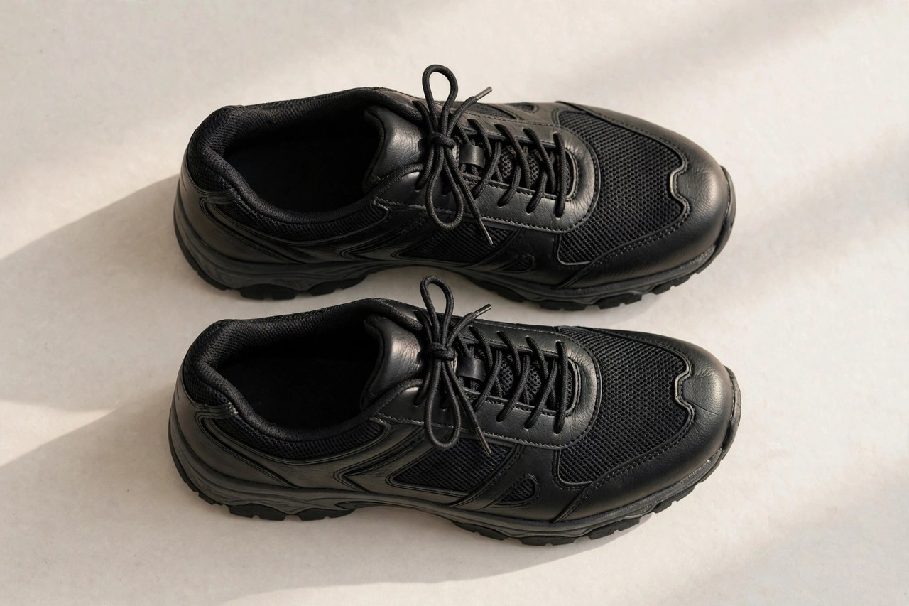 A flat lay of a pair of men's low-cut steel toe shoes in black leather with athletic styling, product photography with no people
