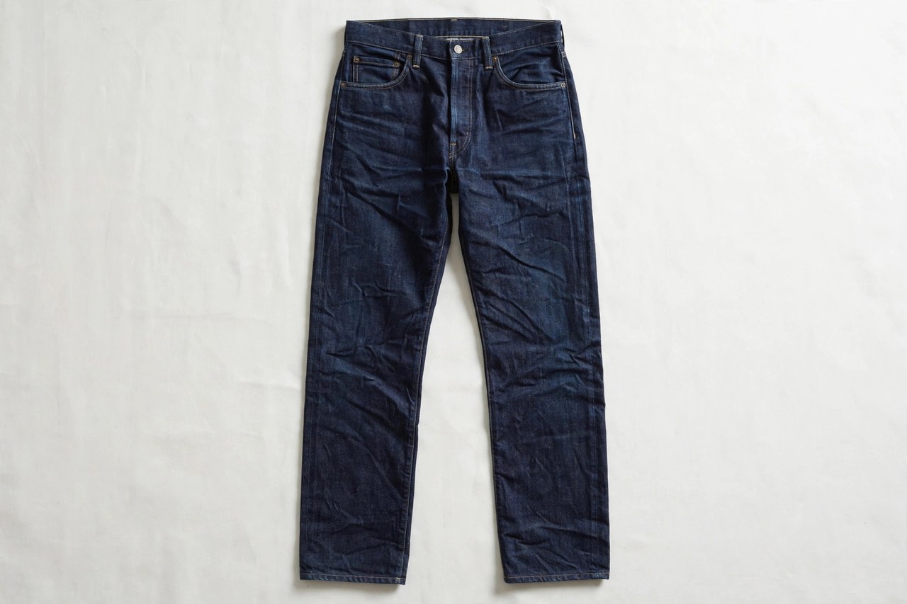 Men's straight-leg jeans in rigid raw indigo denim laid flat, showing the even leg width from knee to hem, product photography with no people