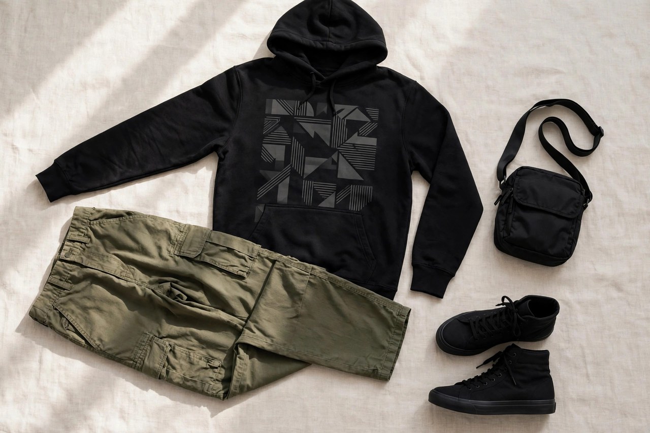 A flat lay of men's streetwear - a graphic hoodie, cargo pants, high-top sneakers and a crossbody bag arranged as an outfit, product photography with no people