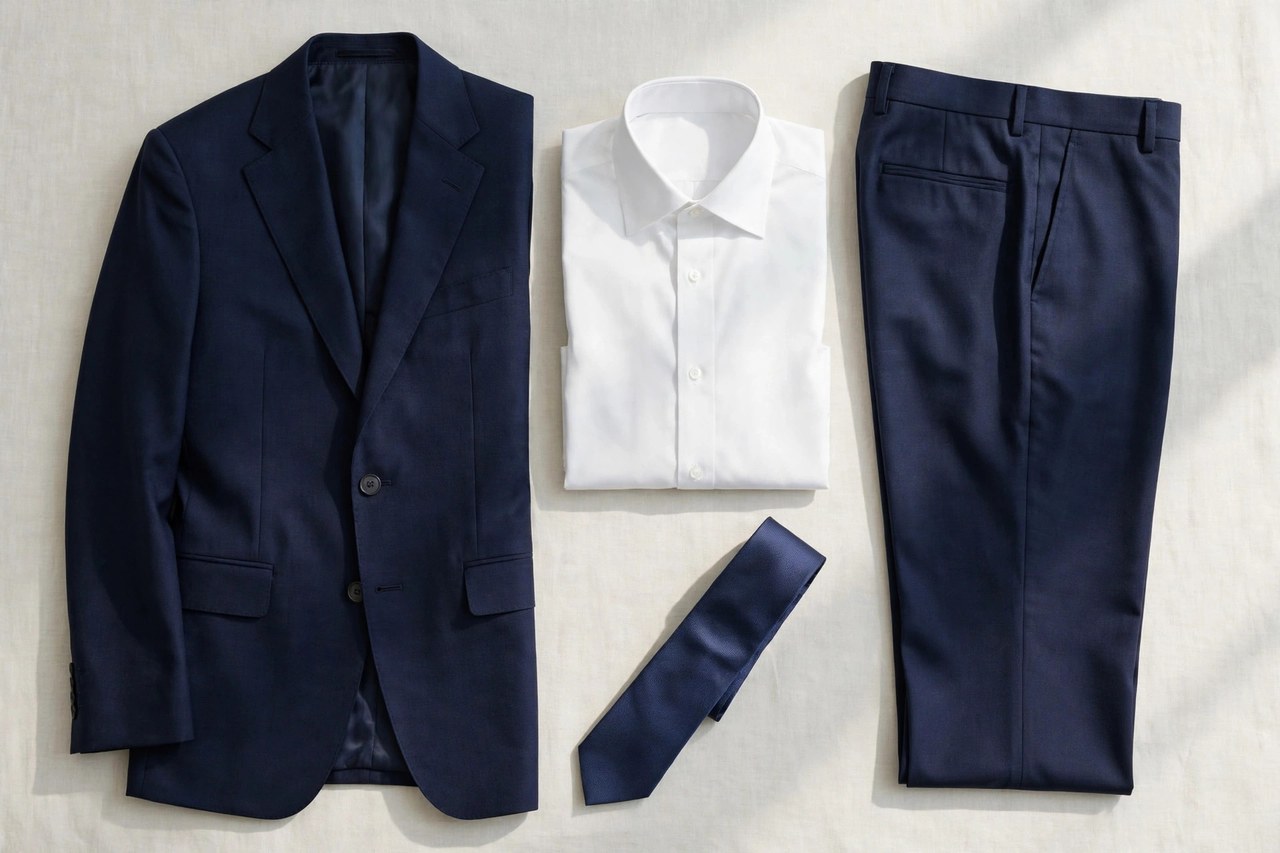A flat lay of a men's navy two-piece suit with jacket and trousers, a white dress shirt and a silk tie arranged beside it, product photography with no people