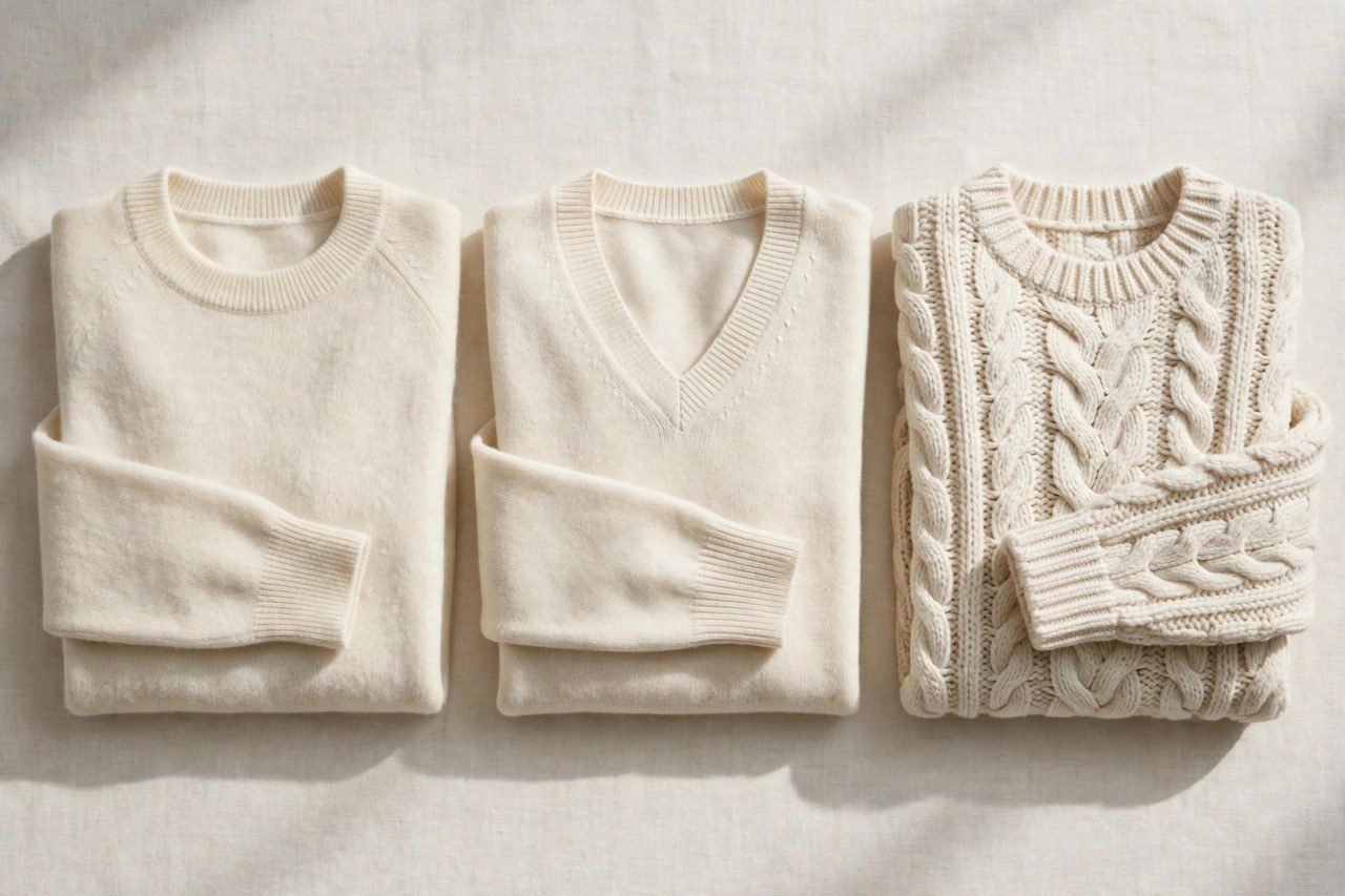 A flat lay of men's sweaters - a crewneck lambswool sweater, a V-neck merino sweater and a chunky cable knit in cream, product photography with no people