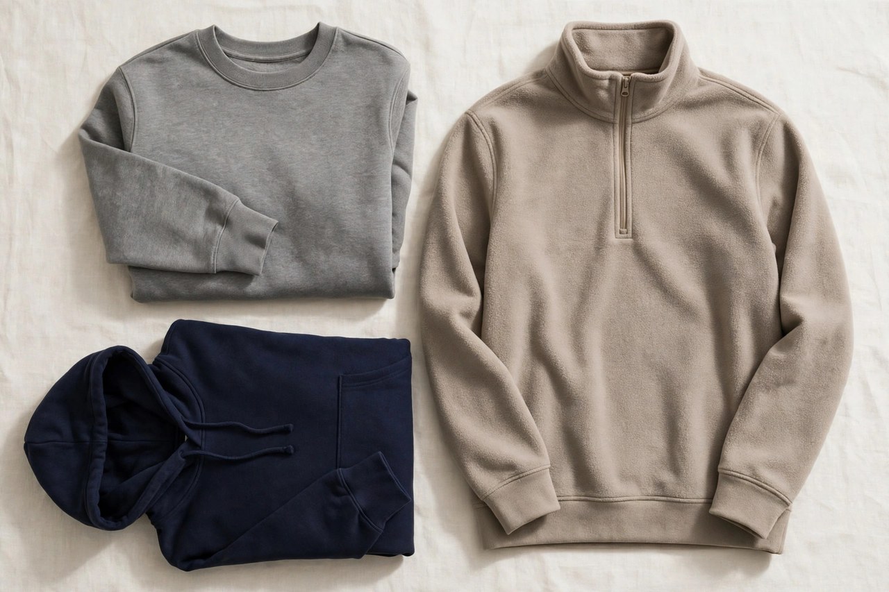 A flat lay of men's sweatshirts - a grey crewneck sweatshirt, a navy hooded sweatshirt and a quarter-zip fleece sweatshirt, product photography with no people