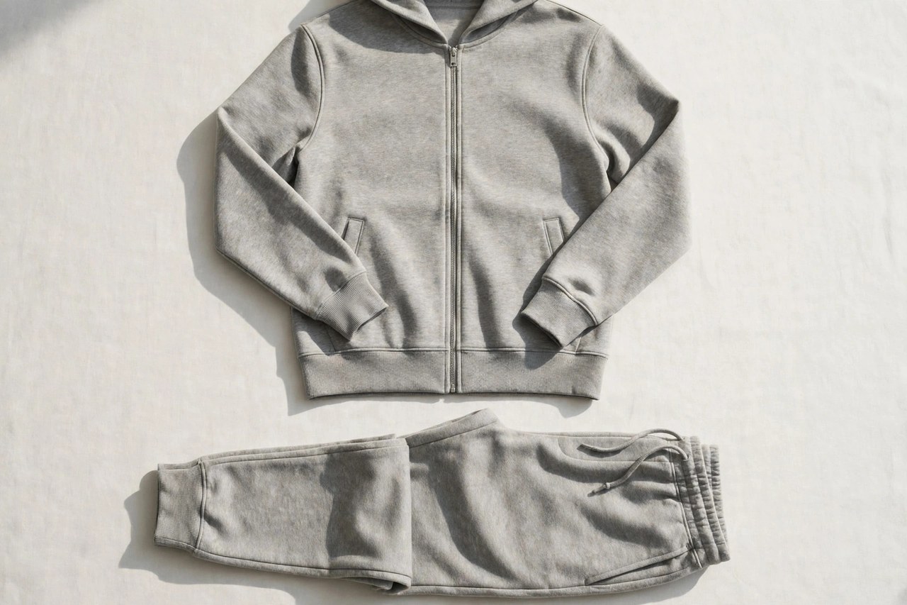 A flat lay of a men's sweatsuit set - a matching zip-front sweatshirt jacket and sweatpants in heather grey, product photography with no people