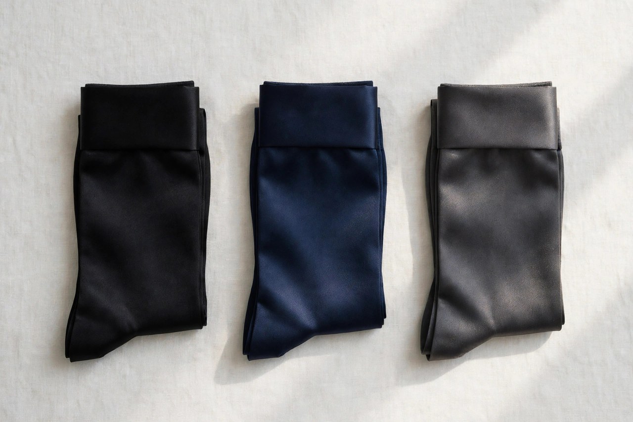 A flat lay of men's silk dress socks in black, navy and charcoal, folded in pairs with a smooth sheen, product photography with no people