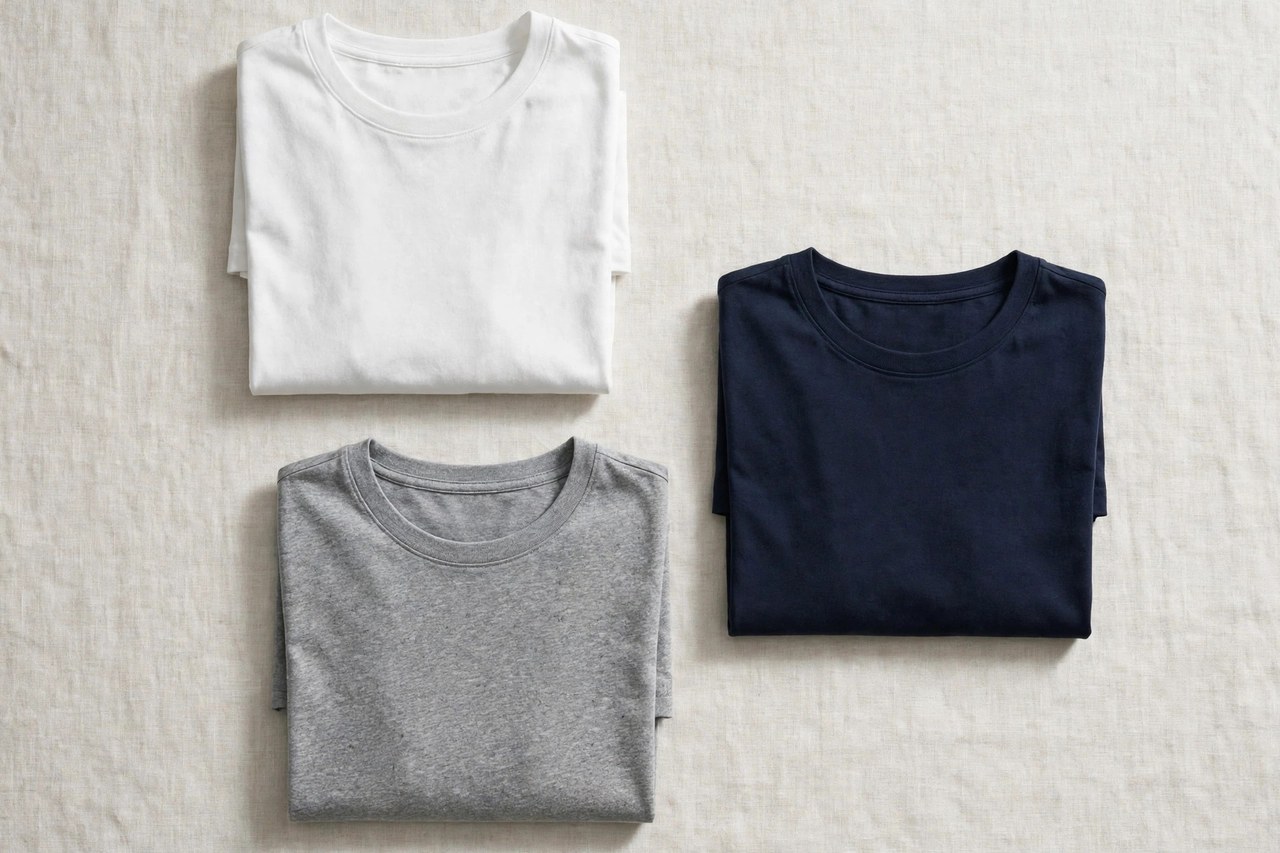 A flat lay of folded men's crew-neck t-shirts in white, navy and heather grey, product photography with no people