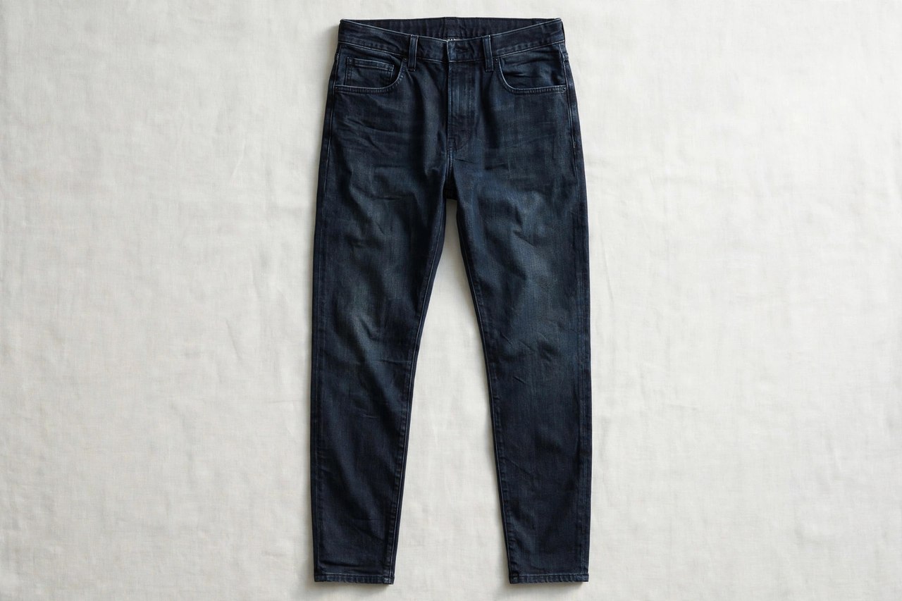Men's tapered jeans in a dark wash laid flat, showing the fuller thigh narrowing steadily to a slim ankle, product photography with no people