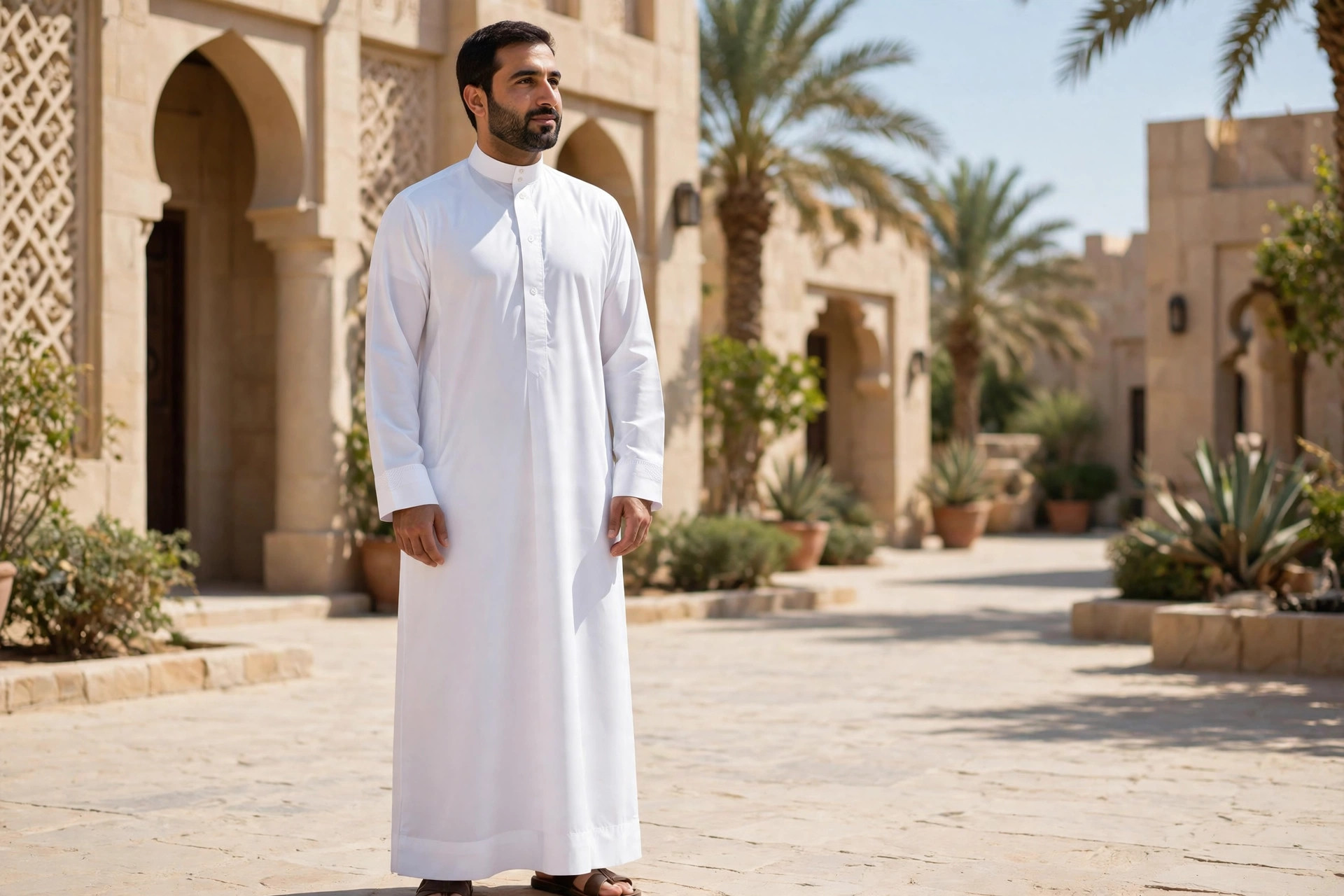 Man wearing a pristine white thawb thobe, a long ankle-length robe with neat collar and cuffs, in bright daylight