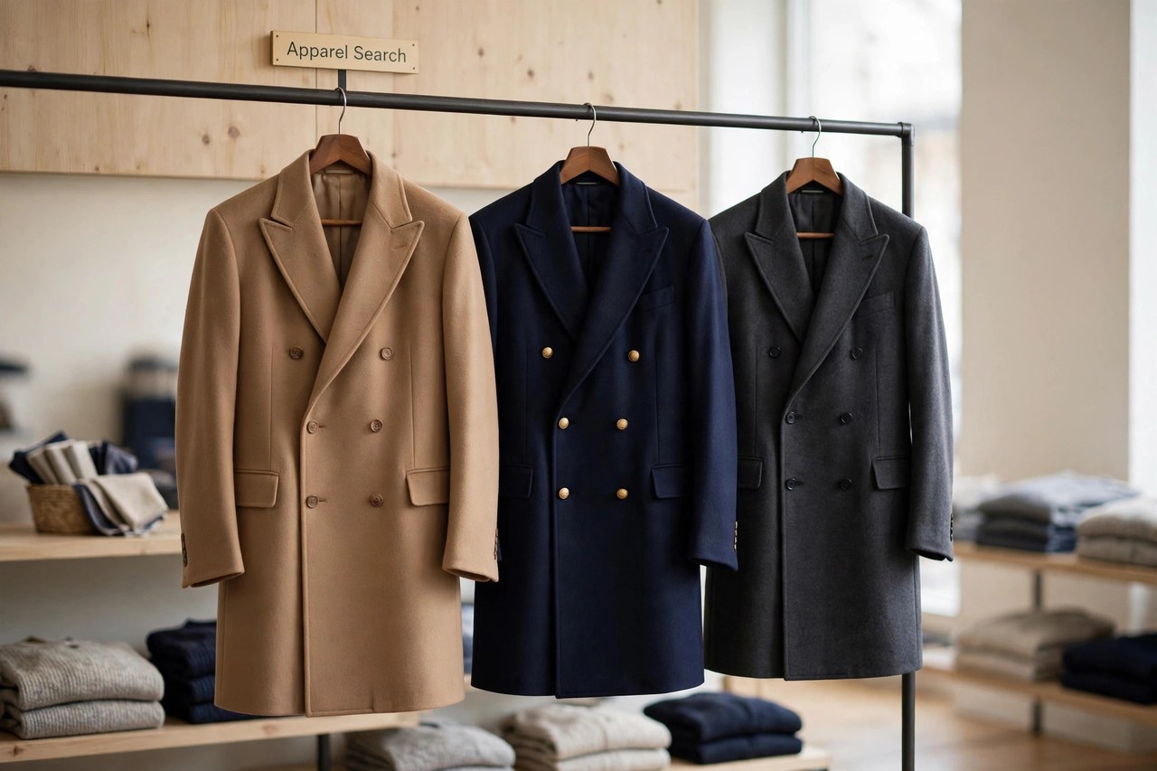 A camel men's topcoat on a shop rail beside navy and charcoal versions in a menswear store with a small Apparel Search sign on the wall, product photography with no people