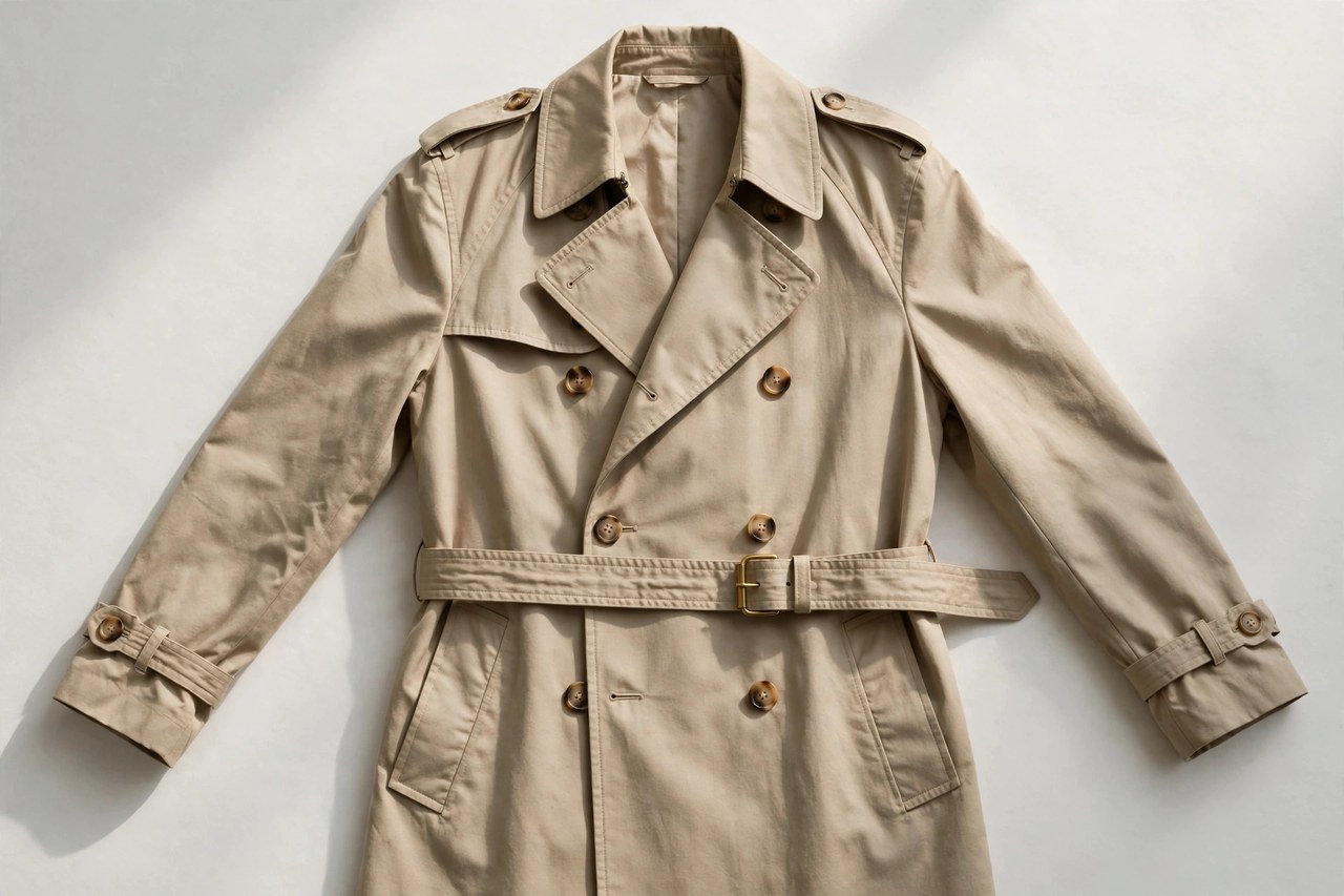 A flat lay of a men's beige double-breasted trench coat with belt, product photography with no people