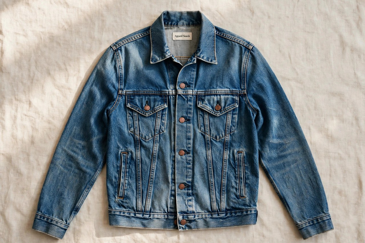A medium-wash men's denim trucker jacket with copper shank buttons laid flat, a small Apparel Search label visible inside the collar, product photography with no people