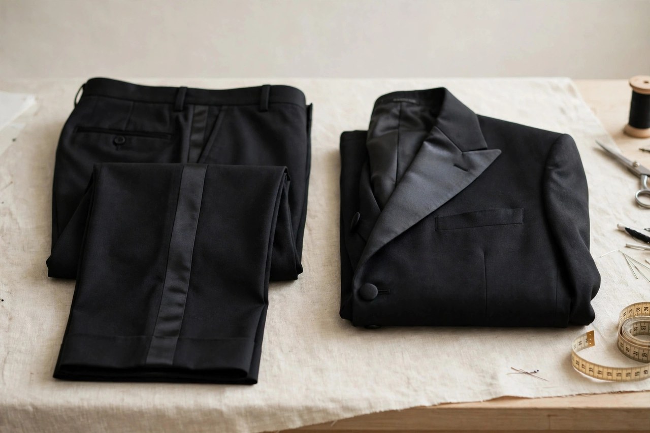 Black men's tuxedo trousers with a single satin side stripe folded over a tailor's counter beside a dinner jacket, product photography with no people