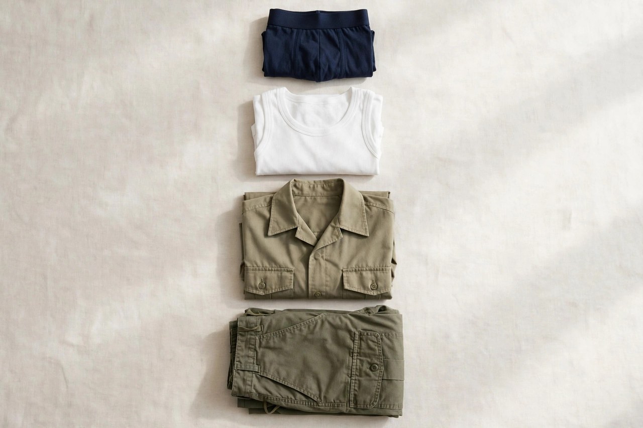 A flat lay arrangement of men's clothing starting with U - folded underwear, an undershirt, a uniform shirt and utility pants, product photography with no people
