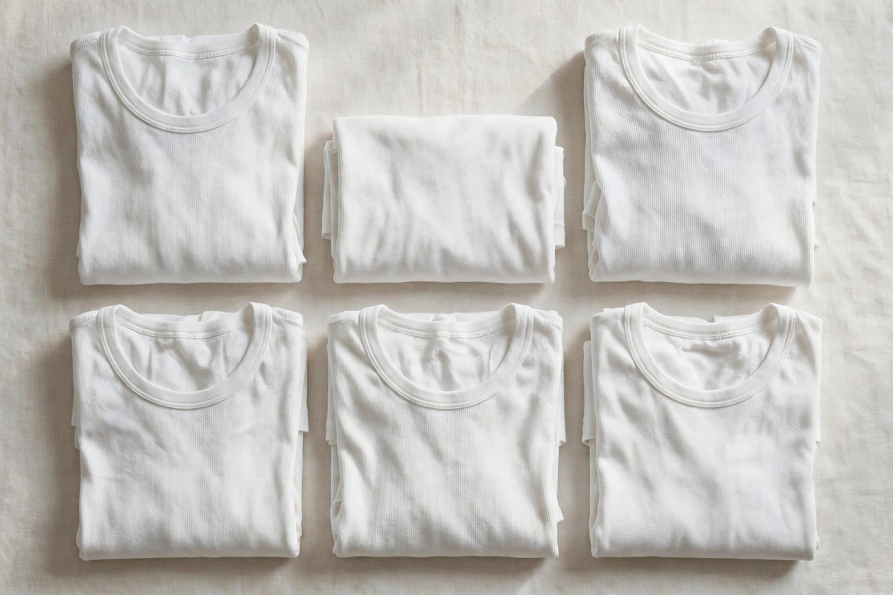 A flat lay of folded men's white cotton undershirts, product photography with no people