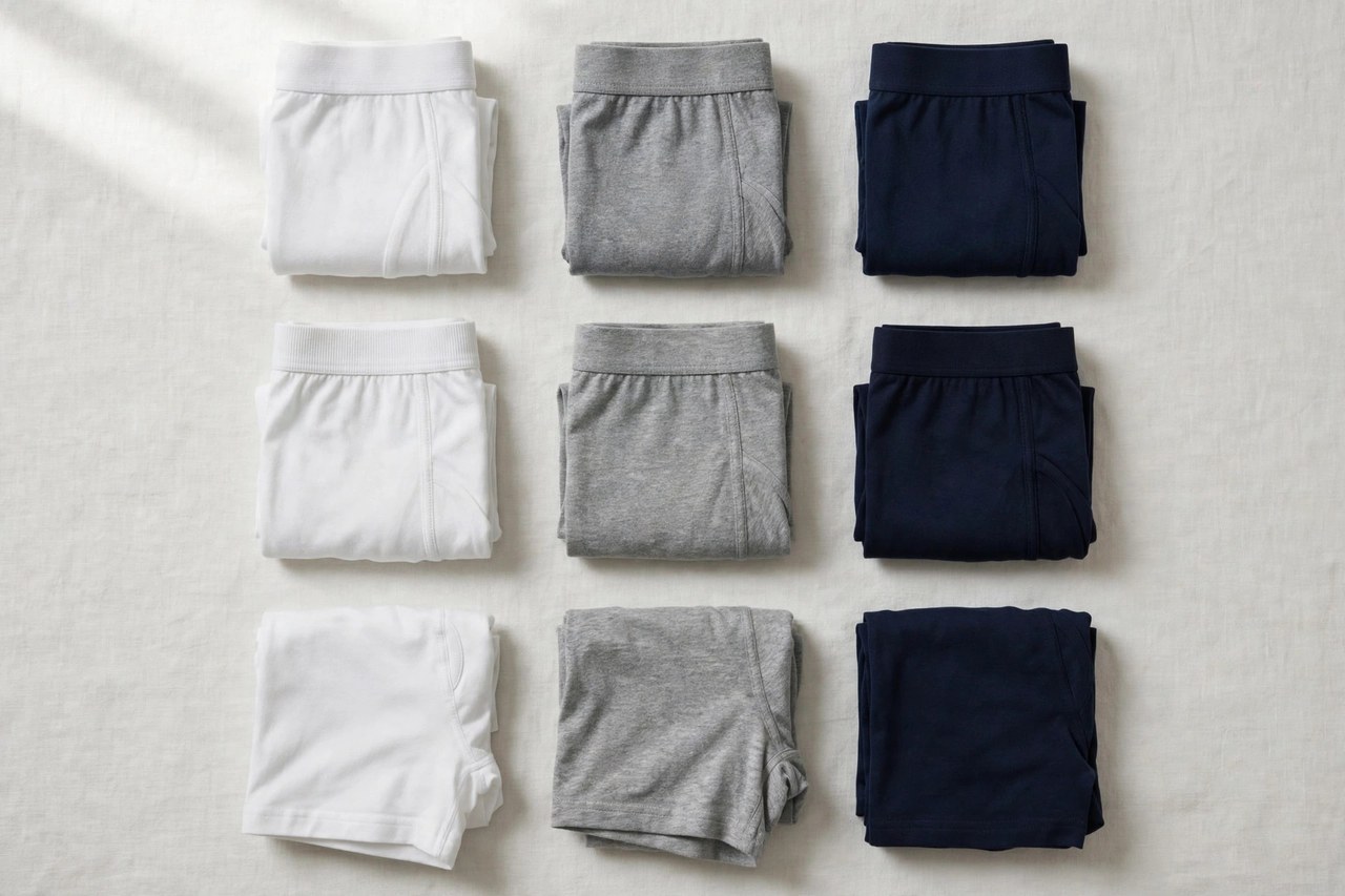 A flat lay of folded men's underwear in cotton briefs, boxer briefs and boxer shorts in white, grey and navy, product photography with no people and no mannequins