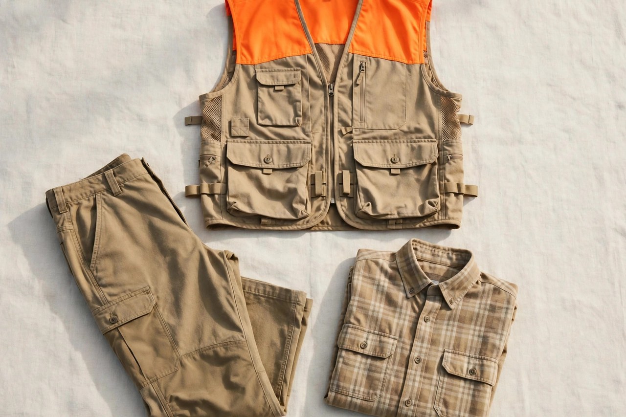 A flat lay of men's upland hunting clothing - a blaze orange and tan field vest, brush trousers and a hunting shirt, product photography with no people