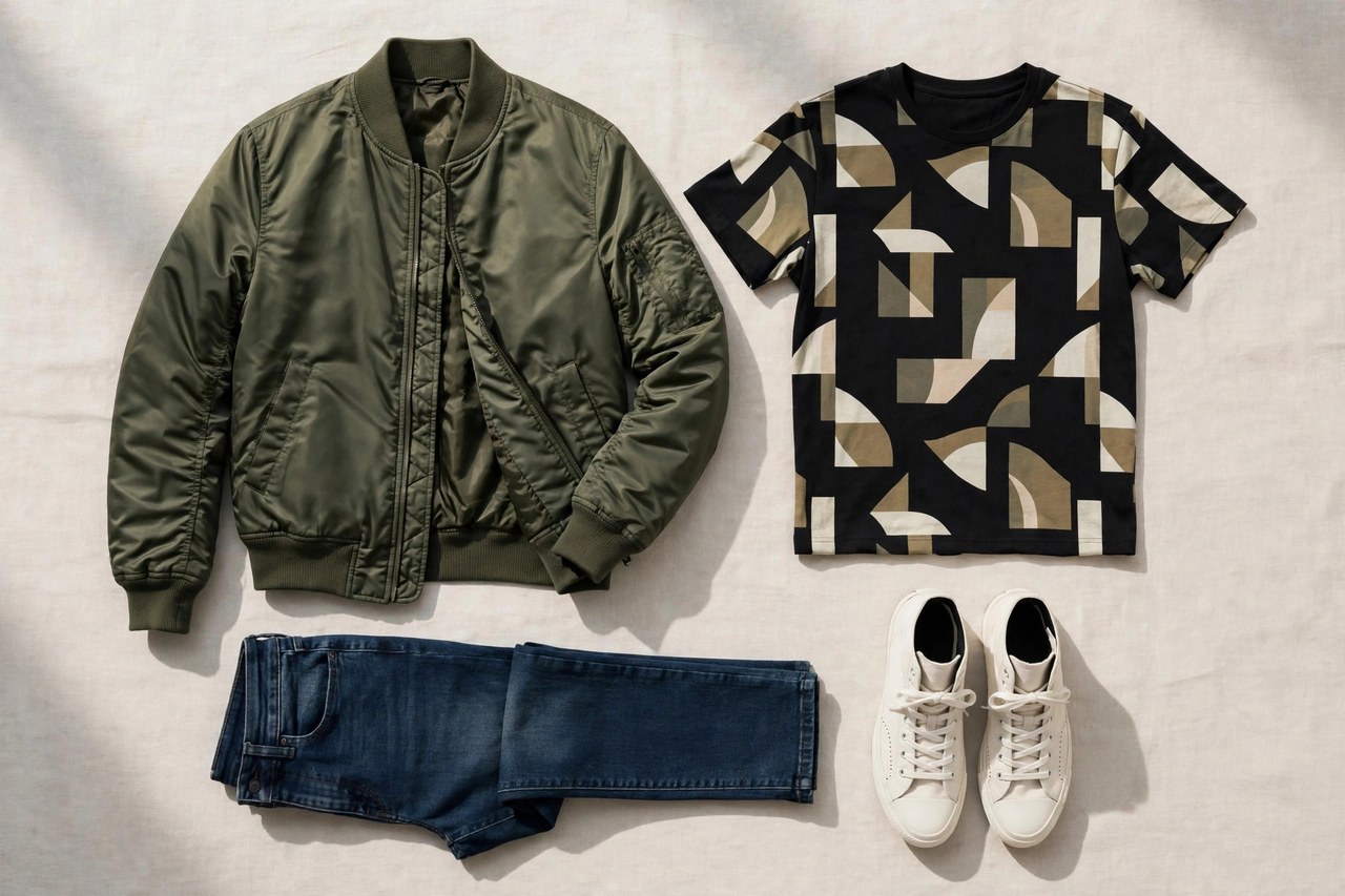 A flat lay of men's urban fashion pieces - a bomber jacket, printed tee, slim jeans and high-top sneakers, product photography with no people
