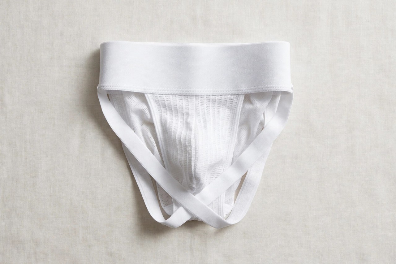 A flat lay of a folded men's athletic jockstrap supporter in white shown as a flat product only, product photography with no people and no mannequins