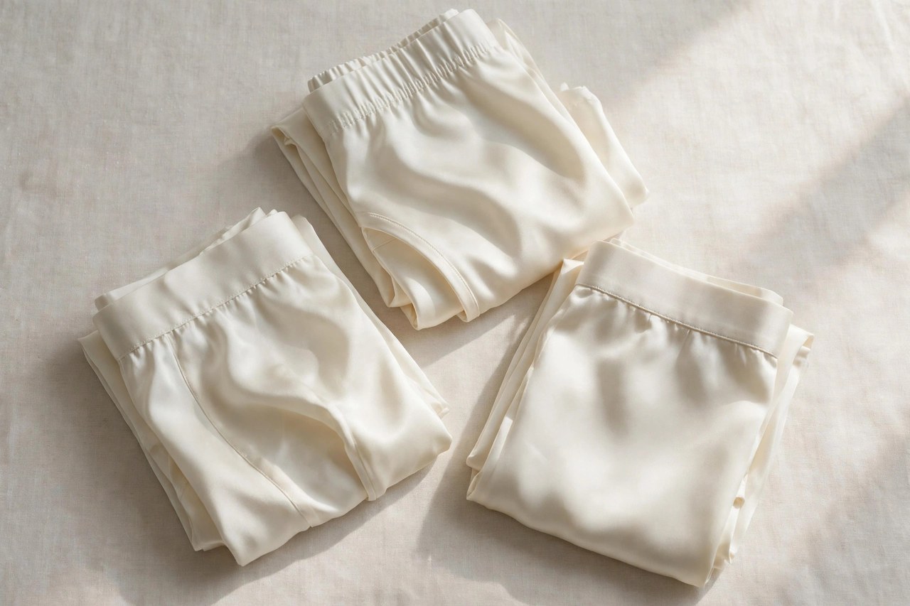 A flat lay of folded men's silk underwear in ivory, product photography with no people and no mannequins
