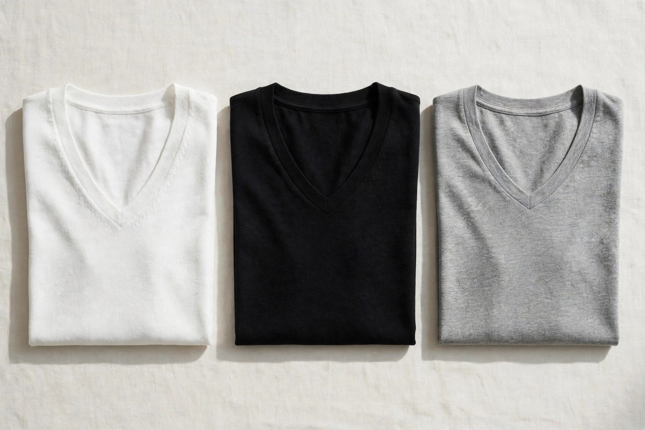 Flat lay of men's V-neck T-shirts in white, black and heather grey knit with varied neckline depths on a neutral background
