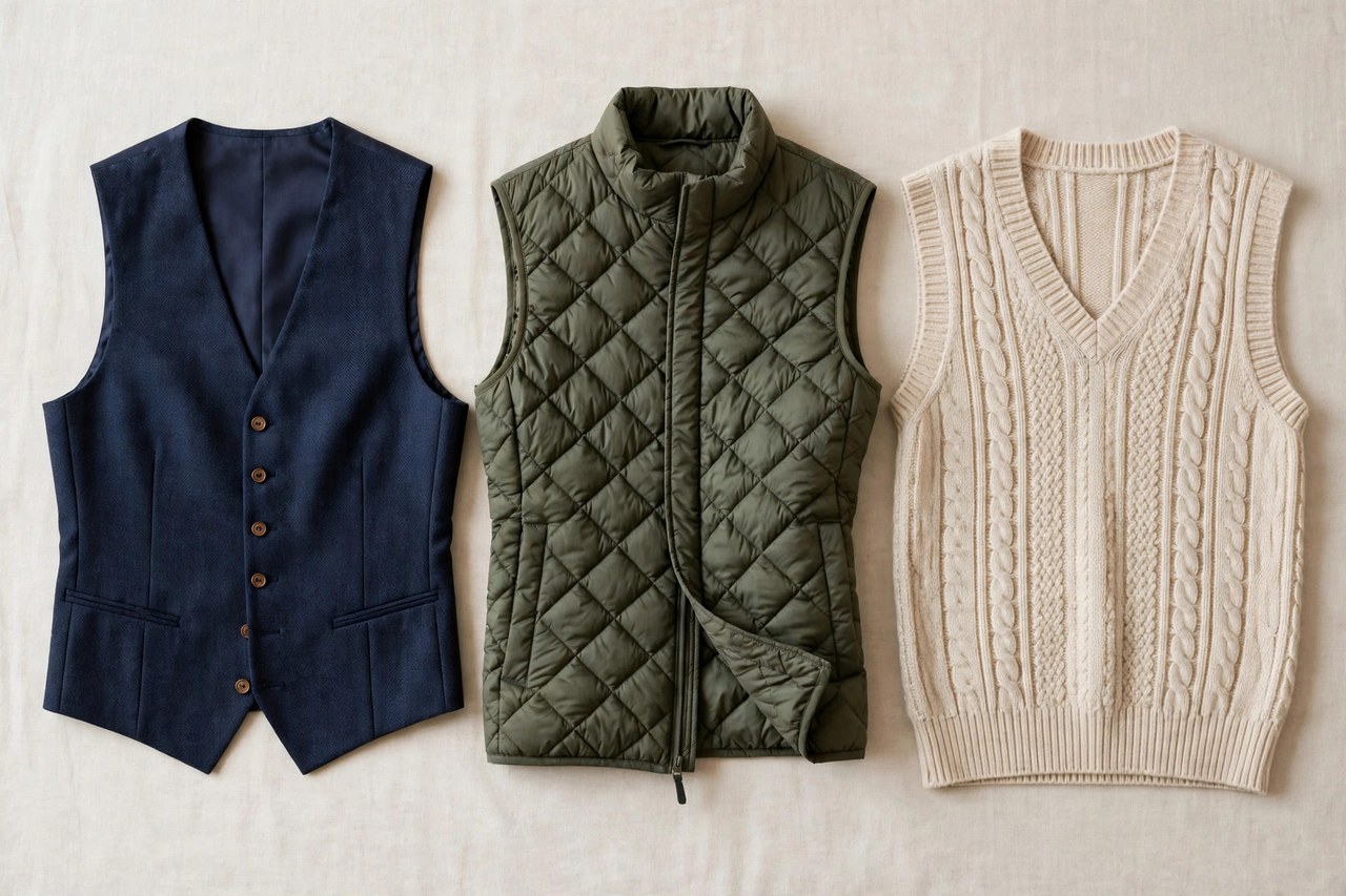 Flat lay of men's vests including a tailored waistcoat, a quilted vest and a knit sweater vest arranged on a neutral background