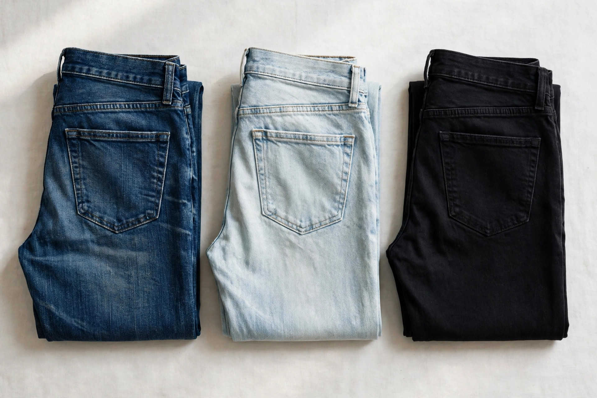 Three pairs of men's jeans folded in a row showing different denim finishes: whiskered indigo denim, pale bleach-washed denim and deep overdyed black denim, product photography with no people